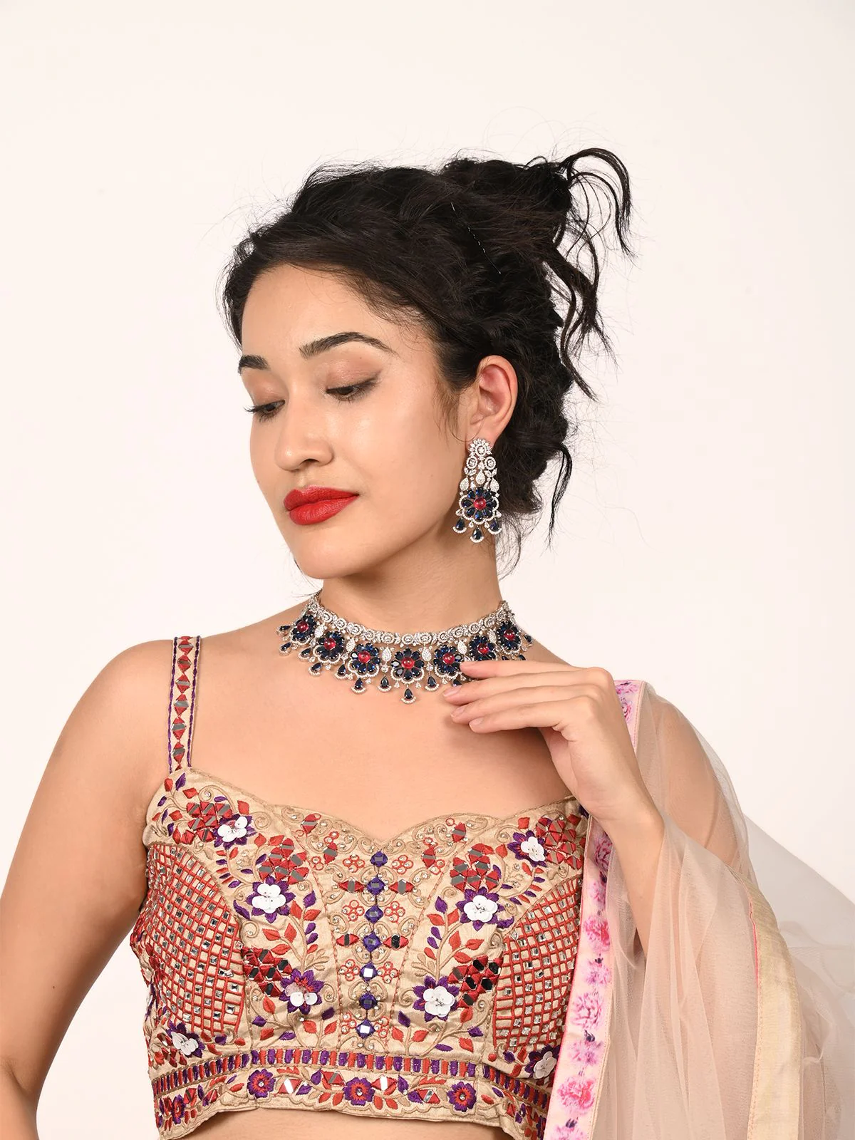Odette Dark Blue Alloy Embellished Jewellery Set For Women - Image 2