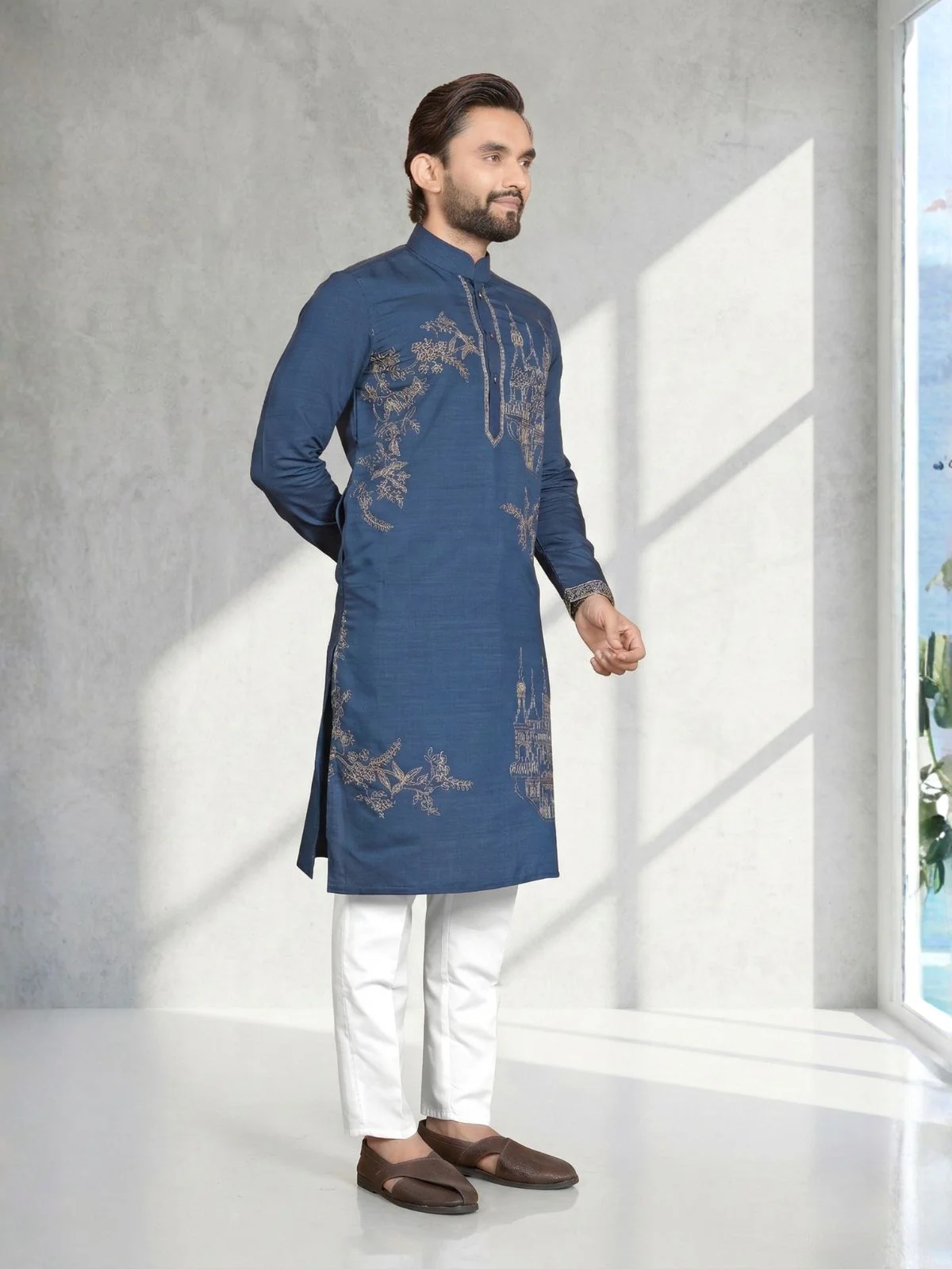 Odette Dark Blue Cotton Blend Embroidered Solid Kurta For Men - Image 2