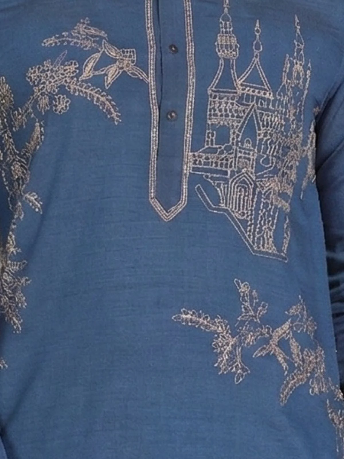 Odette Dark Blue Cotton Blend Embroidered Solid Kurta For Men - Image 6