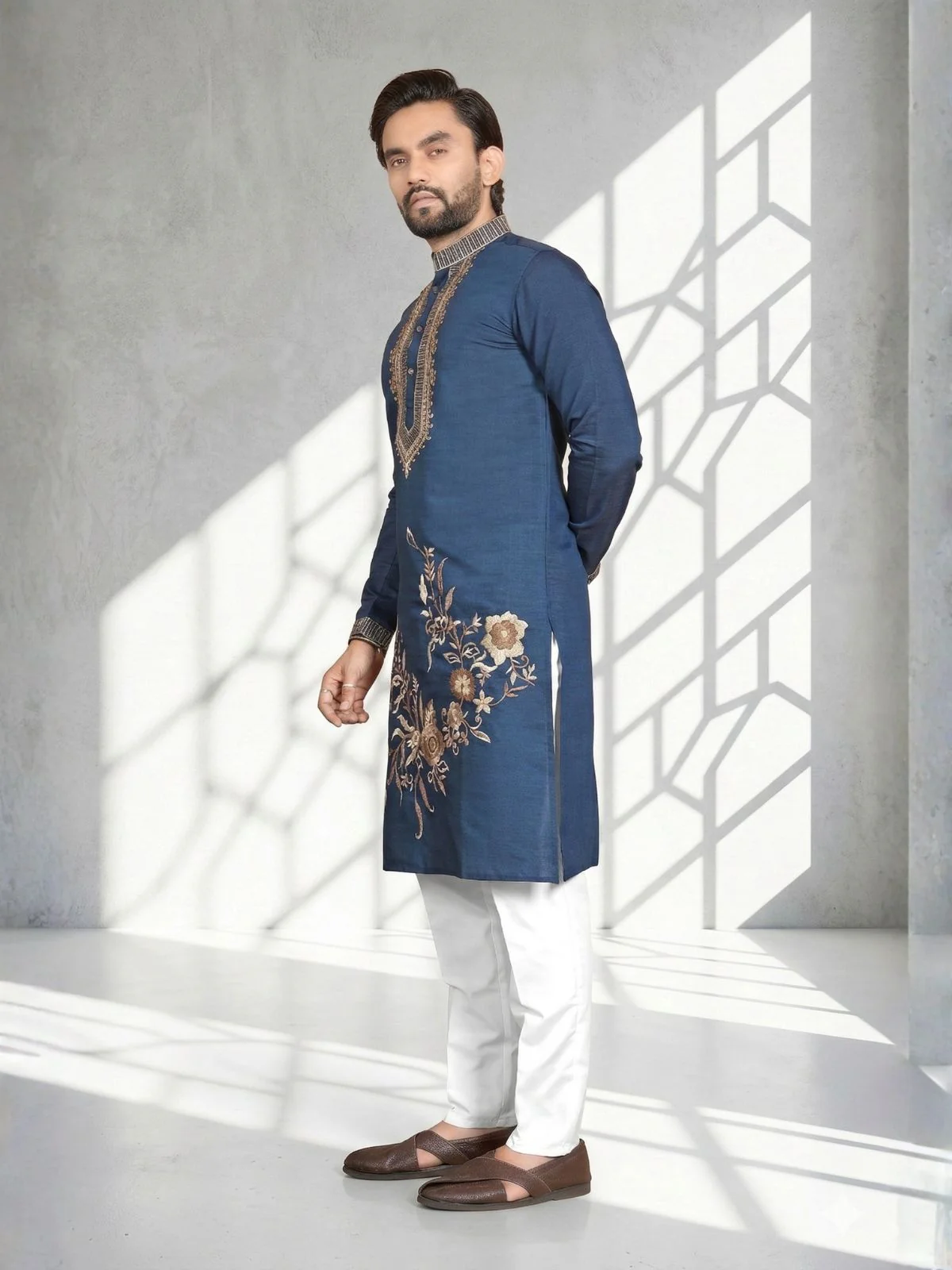 Odette Dark Blue Cotton Blend Embroidered Solid Kurta For Men - Image 3