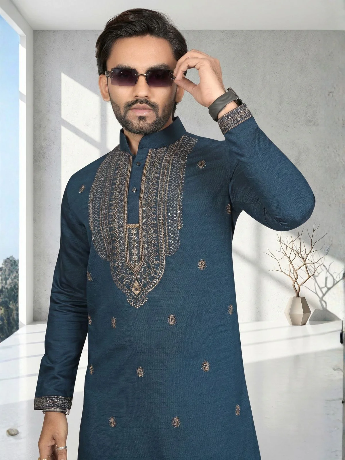 Odette Dark Blue Cotton Blend Embroidered Solid Kurta For Men - Image 5