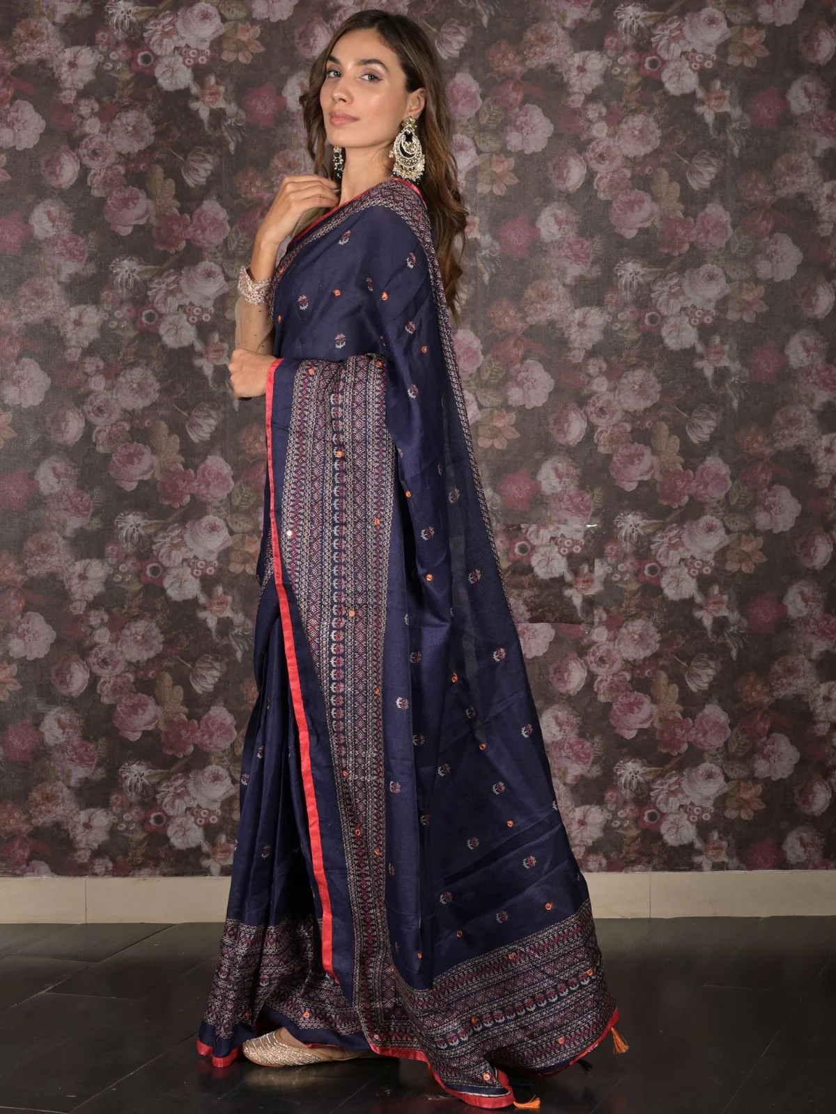 Odette Dark Blue Cotton Blend Woven Saree with Unstitched Blouse for Women - Image 2