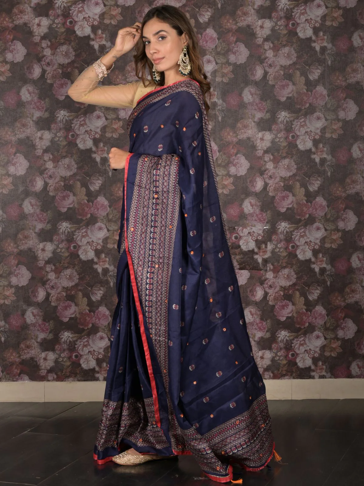 Odette Dark Blue Cotton Blend Woven Saree with Unstitched Blouse for Women - Image 3