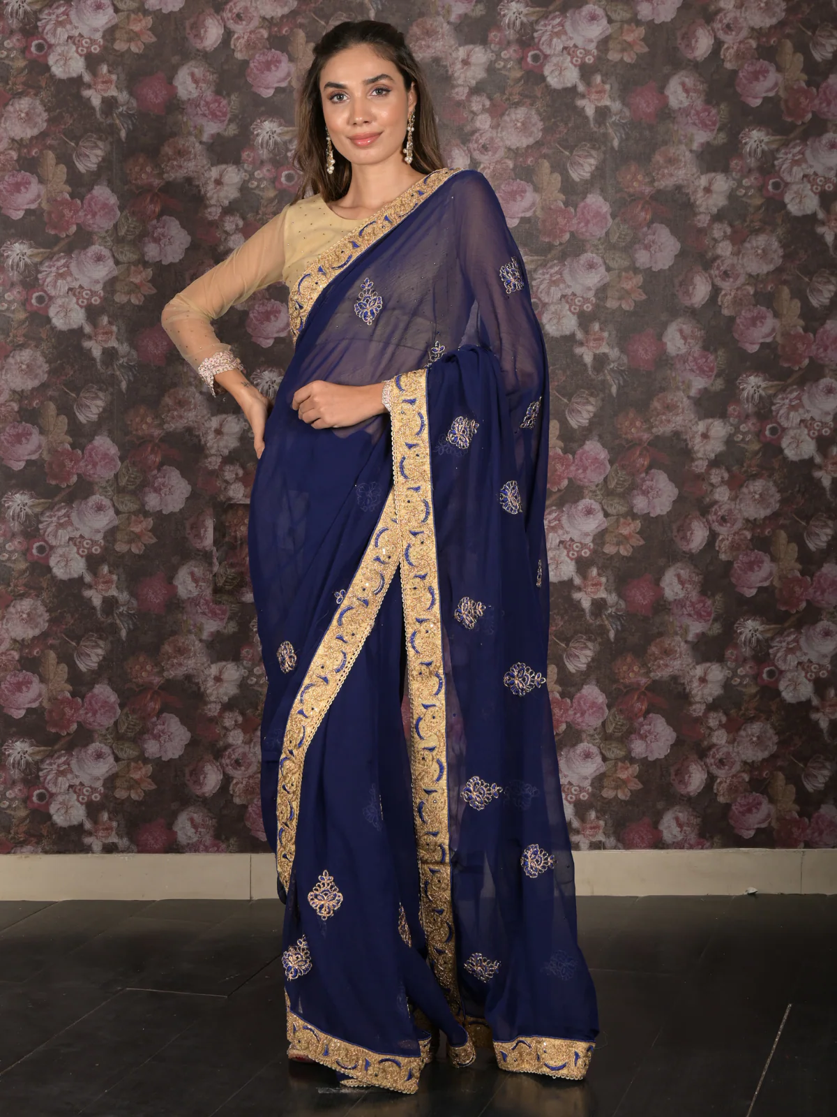 Odette Dark Blue Embroidered Chiffon Saree for Women - Image 2