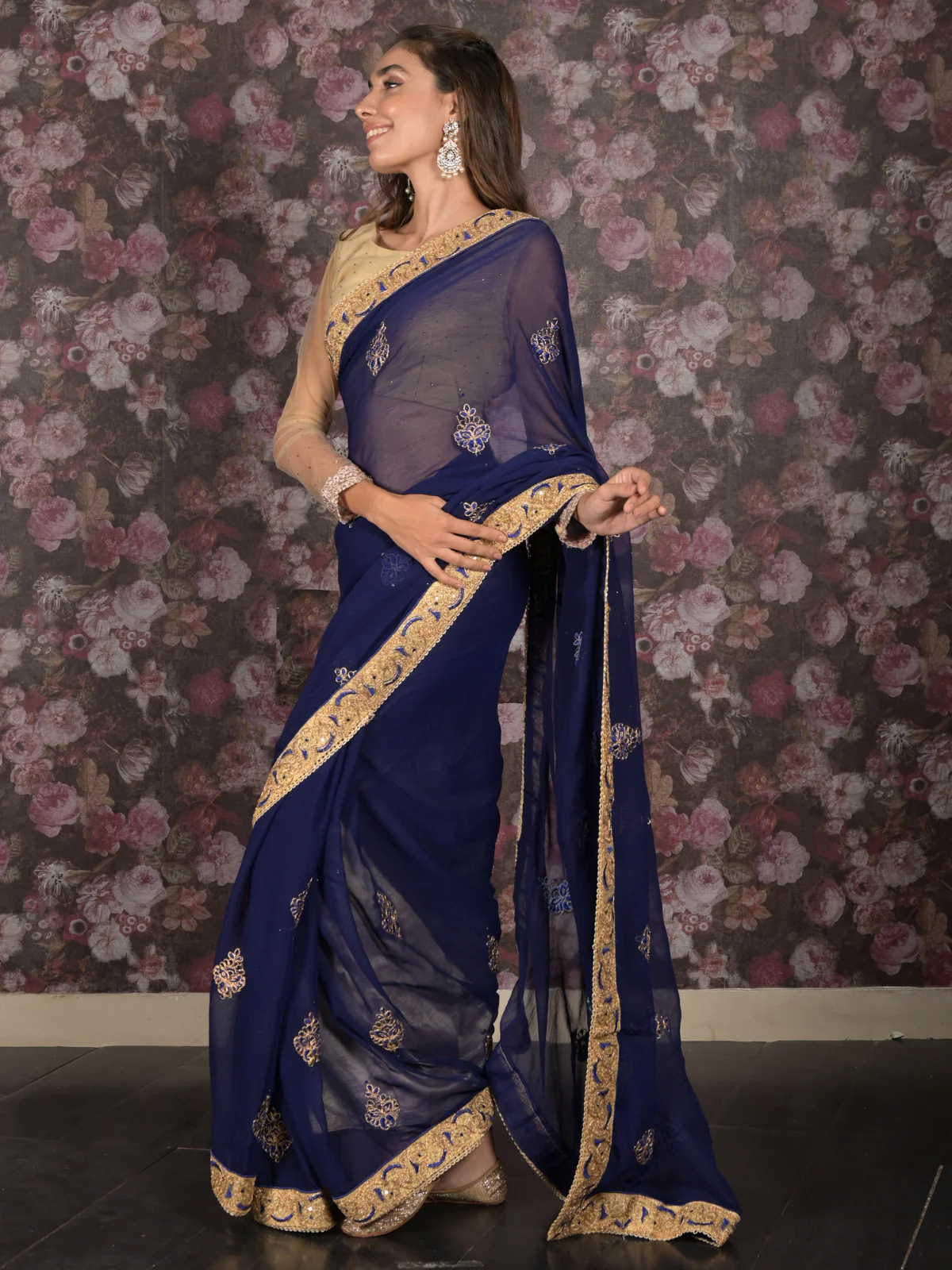 Odette Dark Blue Embroidered Chiffon Saree for Women - Image 3