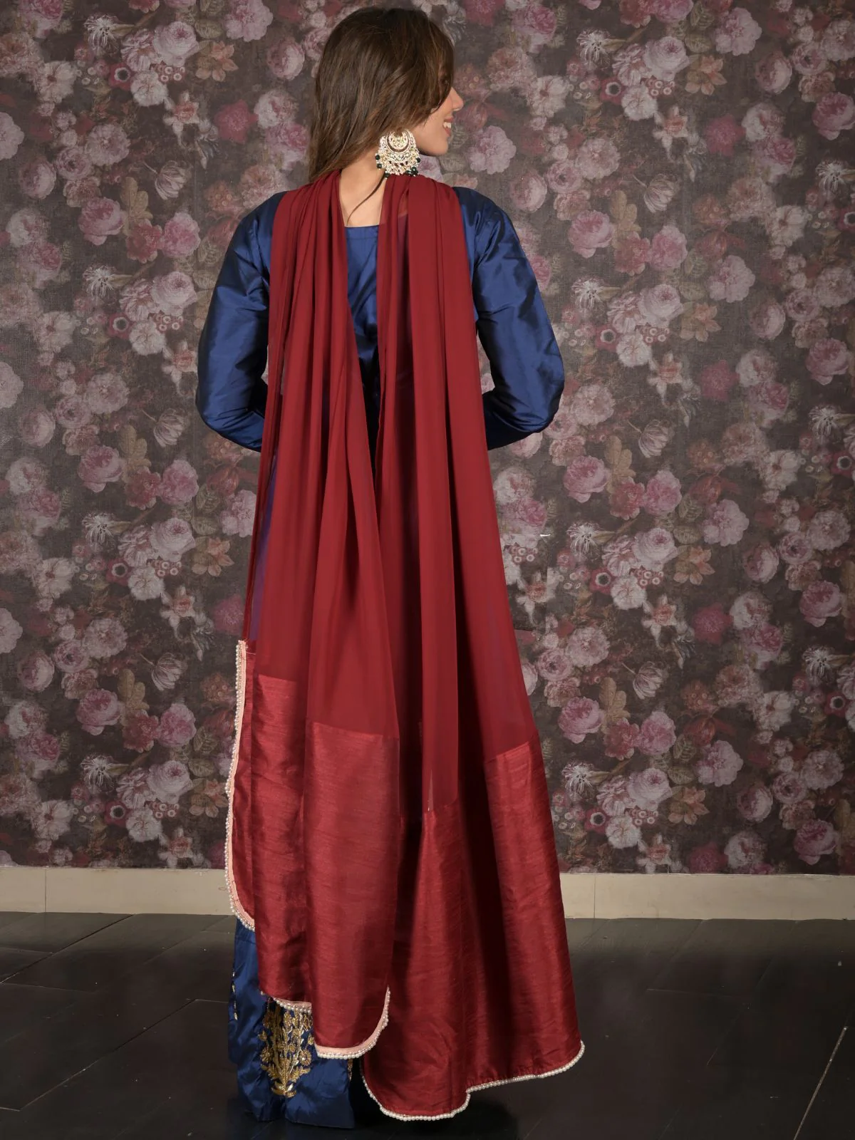 Odette Dark Blue Embroidered Stitched Flared Long Anarkali Gown With Dupatta For Women - Image 4
