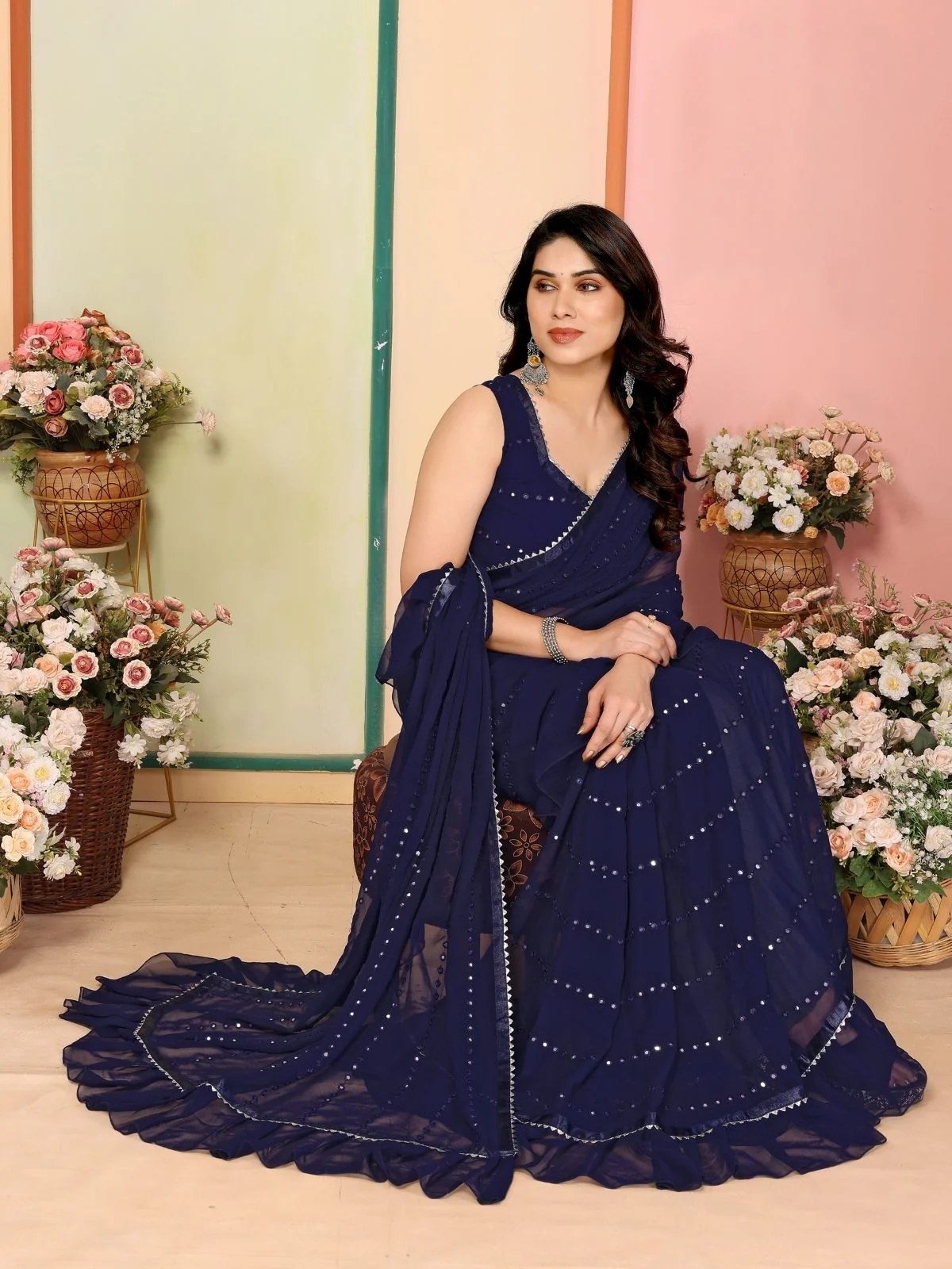Odette Dark Blue Georgette Embellished Saree For Women - Image 2