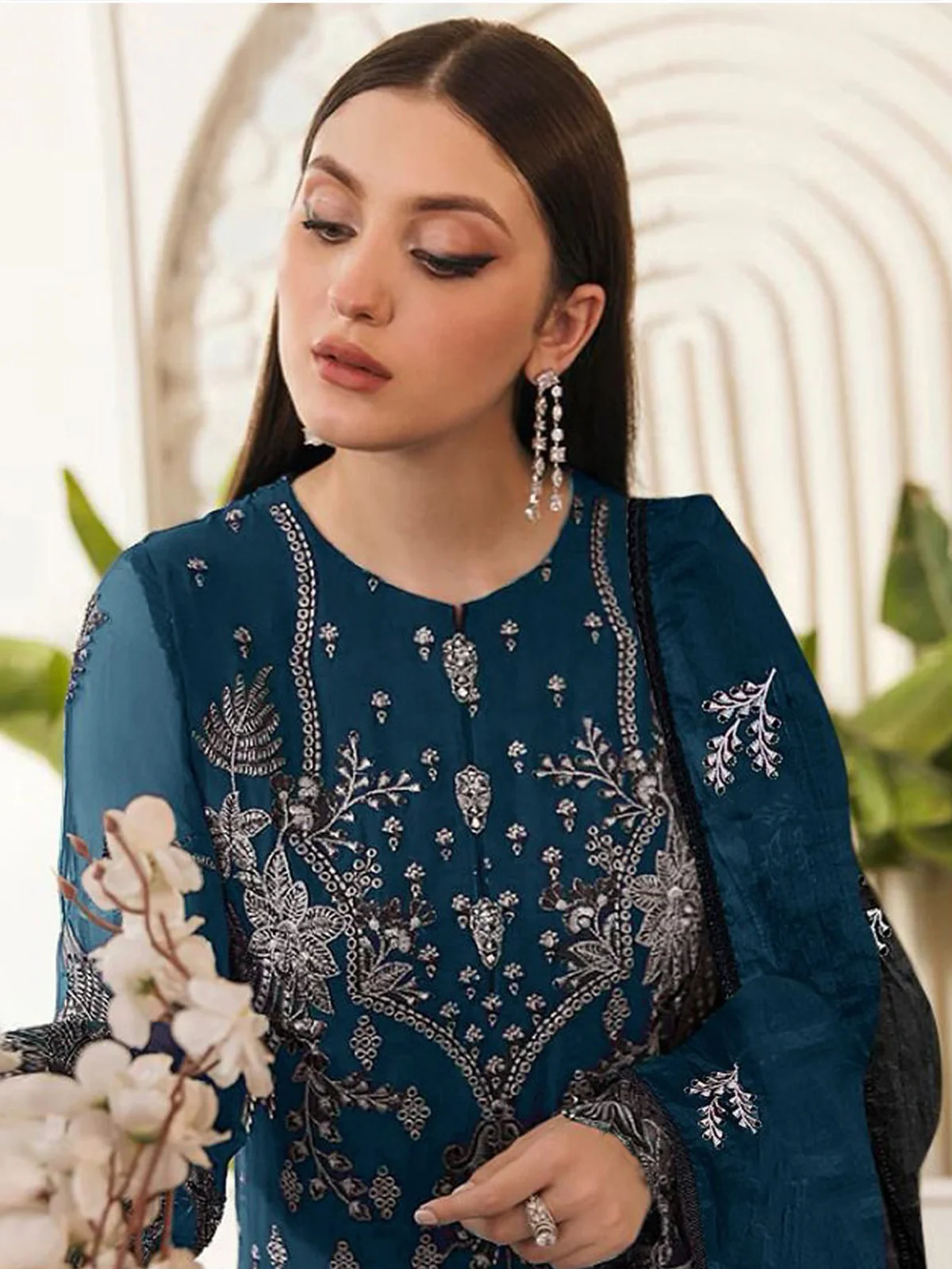 Odette Dark Blue Georgette Embroidered Semi Stitched Salwar Suit For Women - Image 2