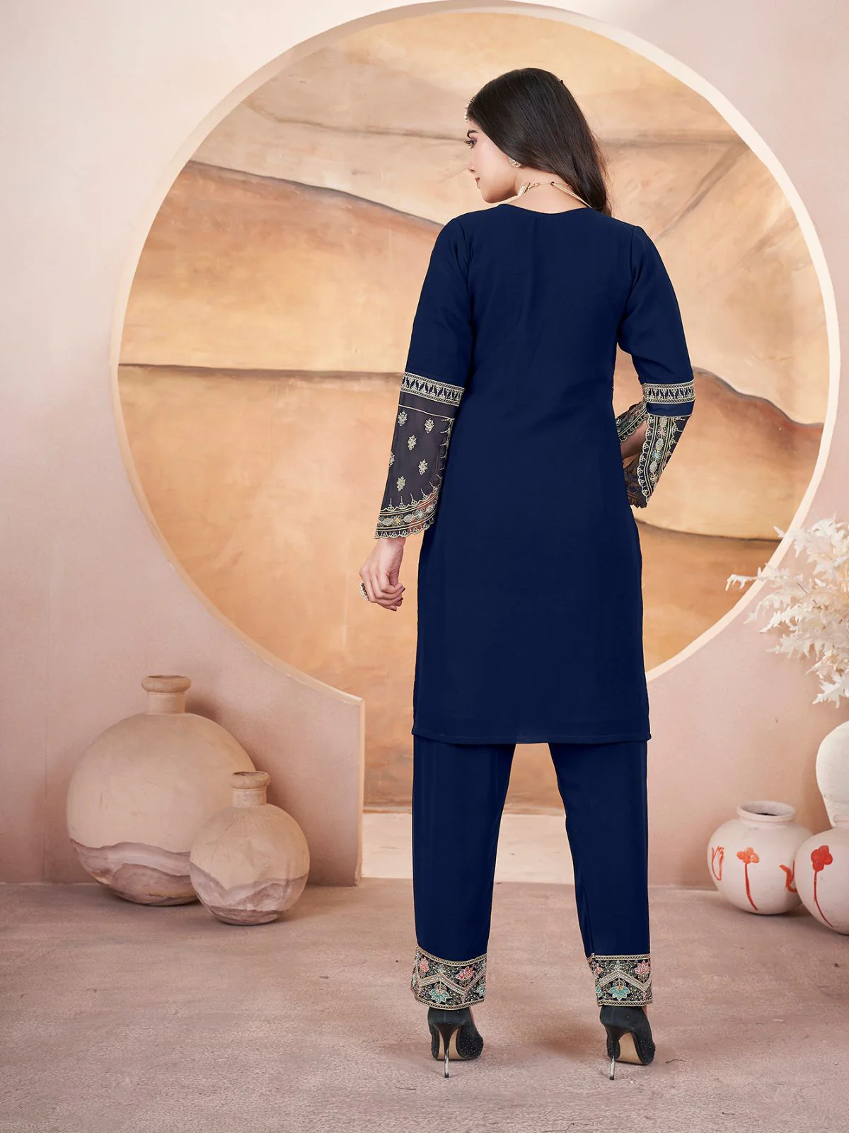Odette Dark Blue Georgette Embroidered Stitched Kurta Set For Women - Image 3
