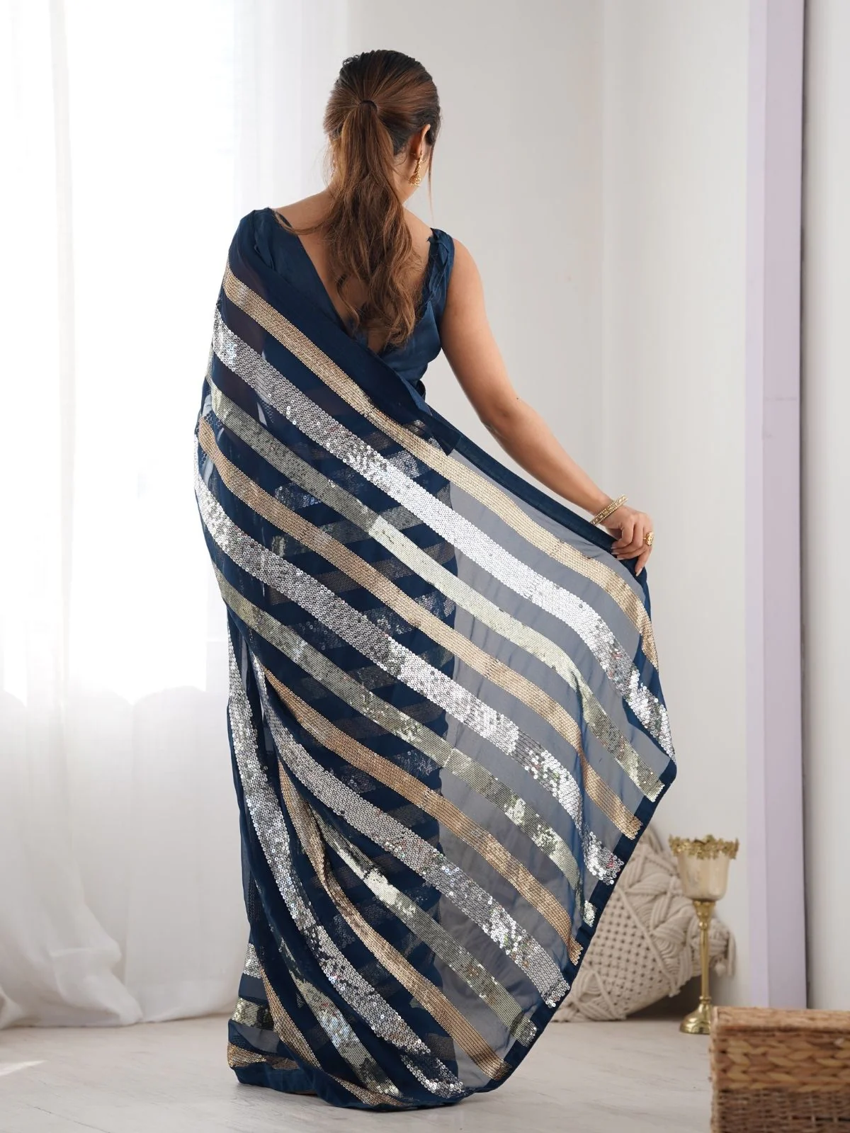 Odette Dark Blue Georgette Sequins Saree With Unstitched Blouse For Women - Image 4