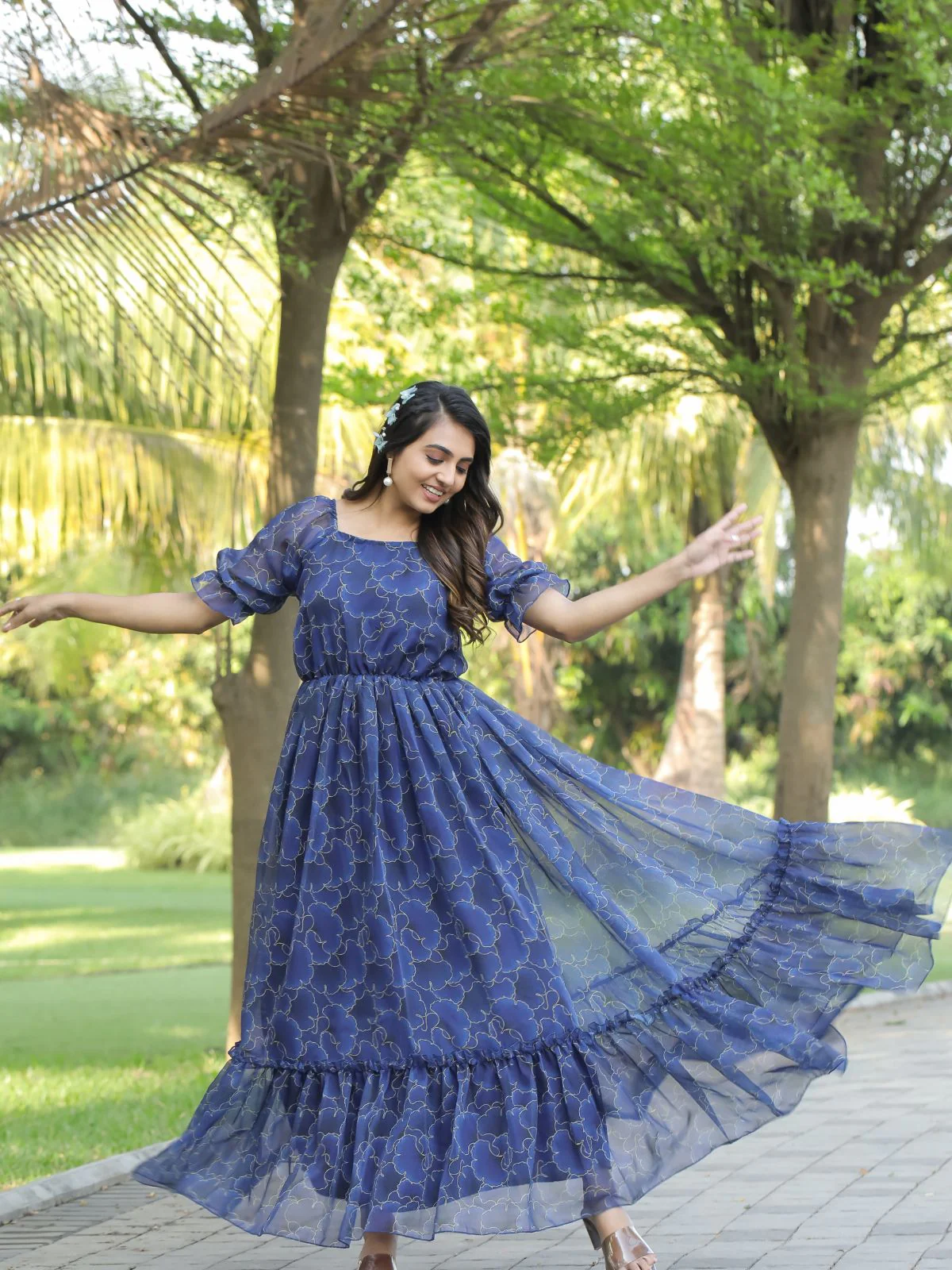 Odette Dark Blue Georgette Stitched Printed Indo Western Dress For Women - Image 2