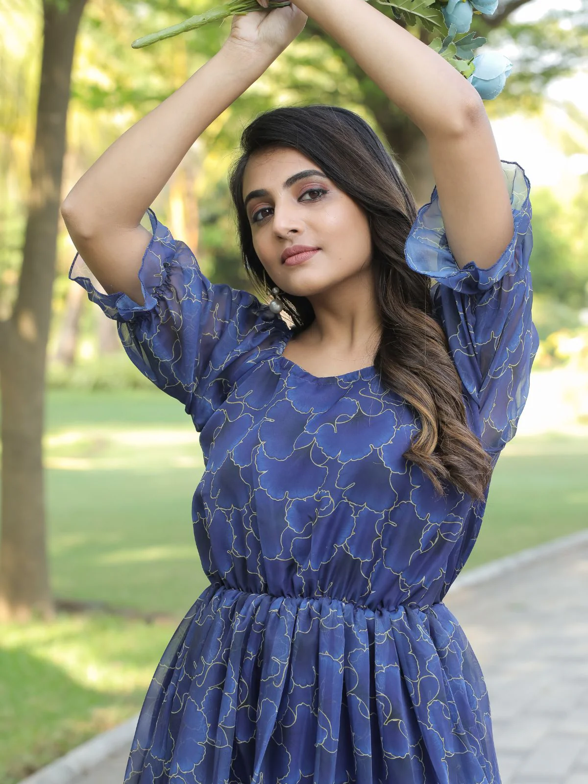 Odette Dark Blue Georgette Stitched Printed Indo Western Dress For Women - Image 5