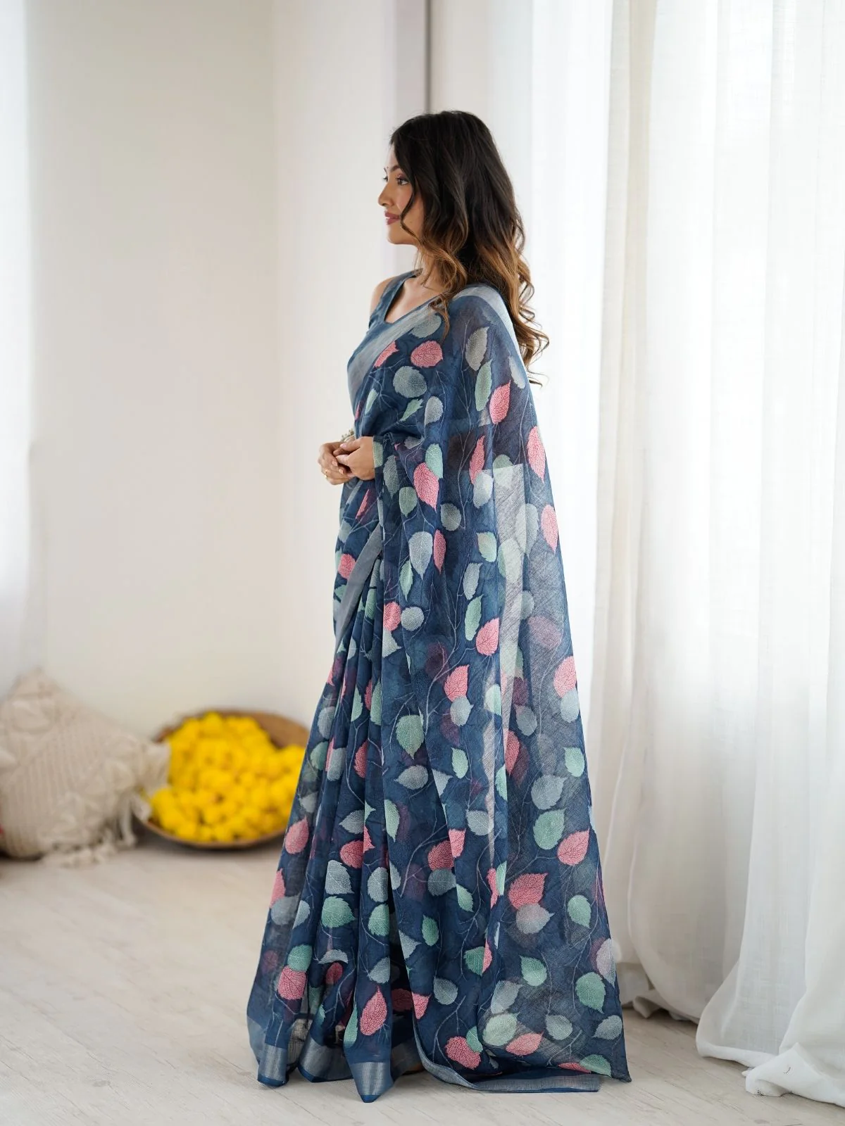Odette Dark Blue Linen Cotton Printed Saree For Women - Image 2
