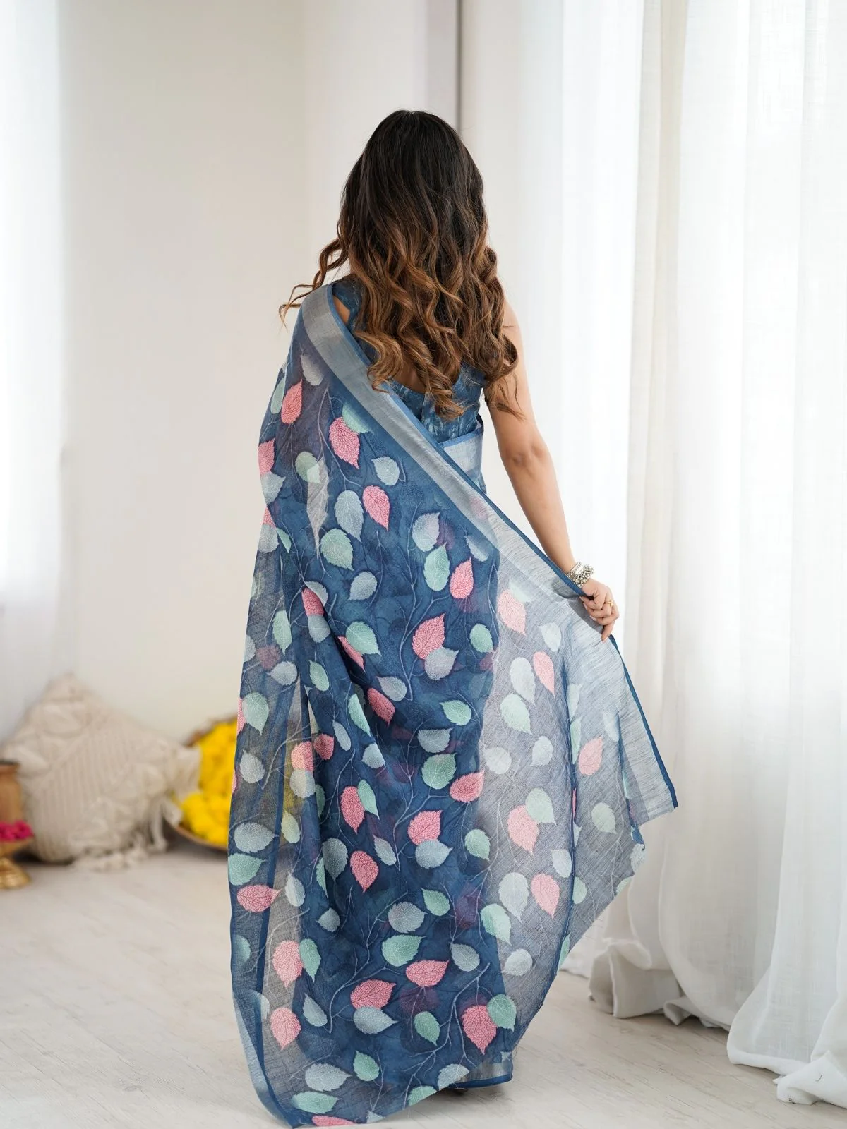 Odette Dark Blue Linen Cotton Printed Saree For Women - Image 3