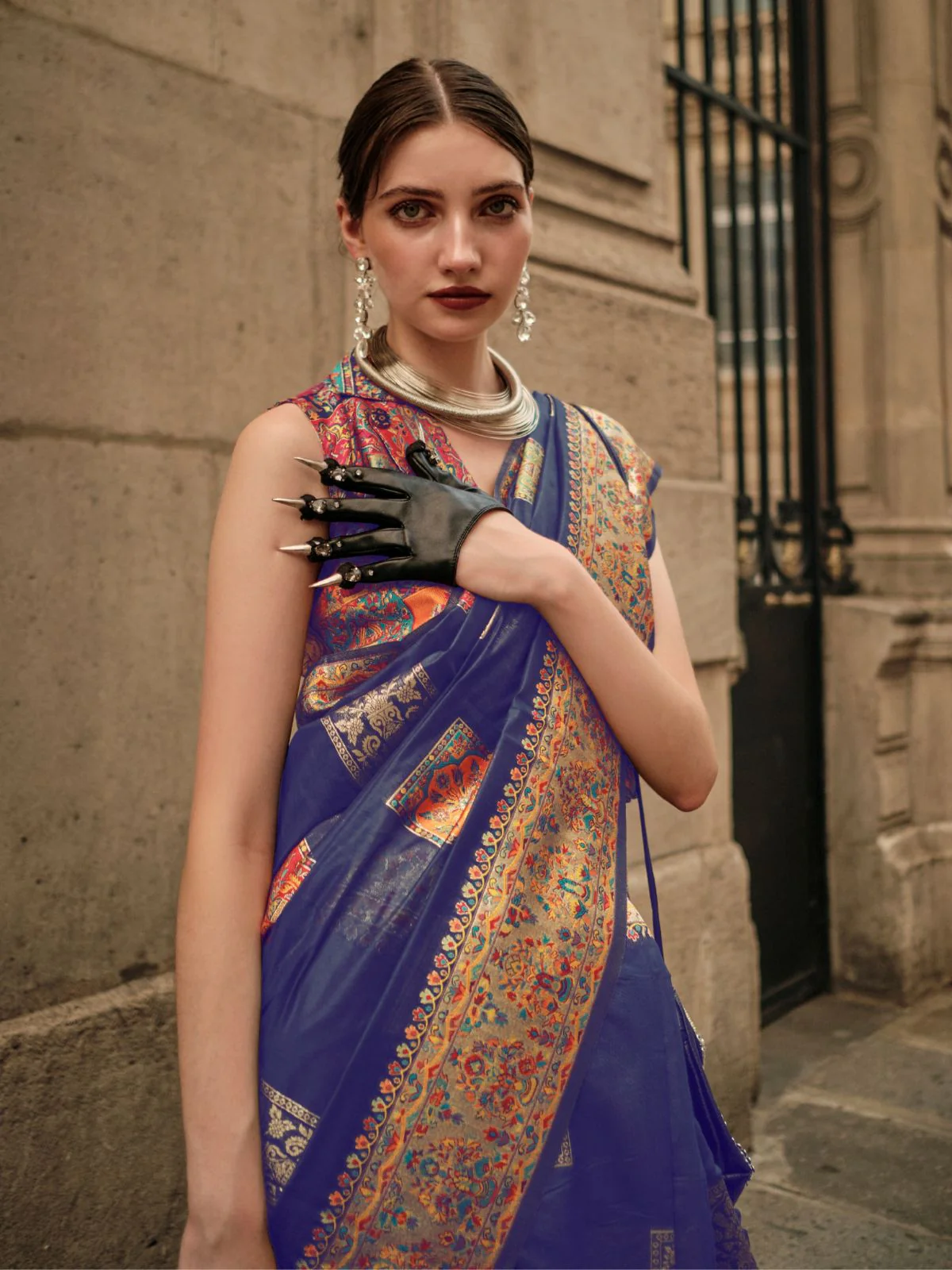 Odette Dark Blue Modal Woven Saree With Unstitched Blouse For Women - Image 2