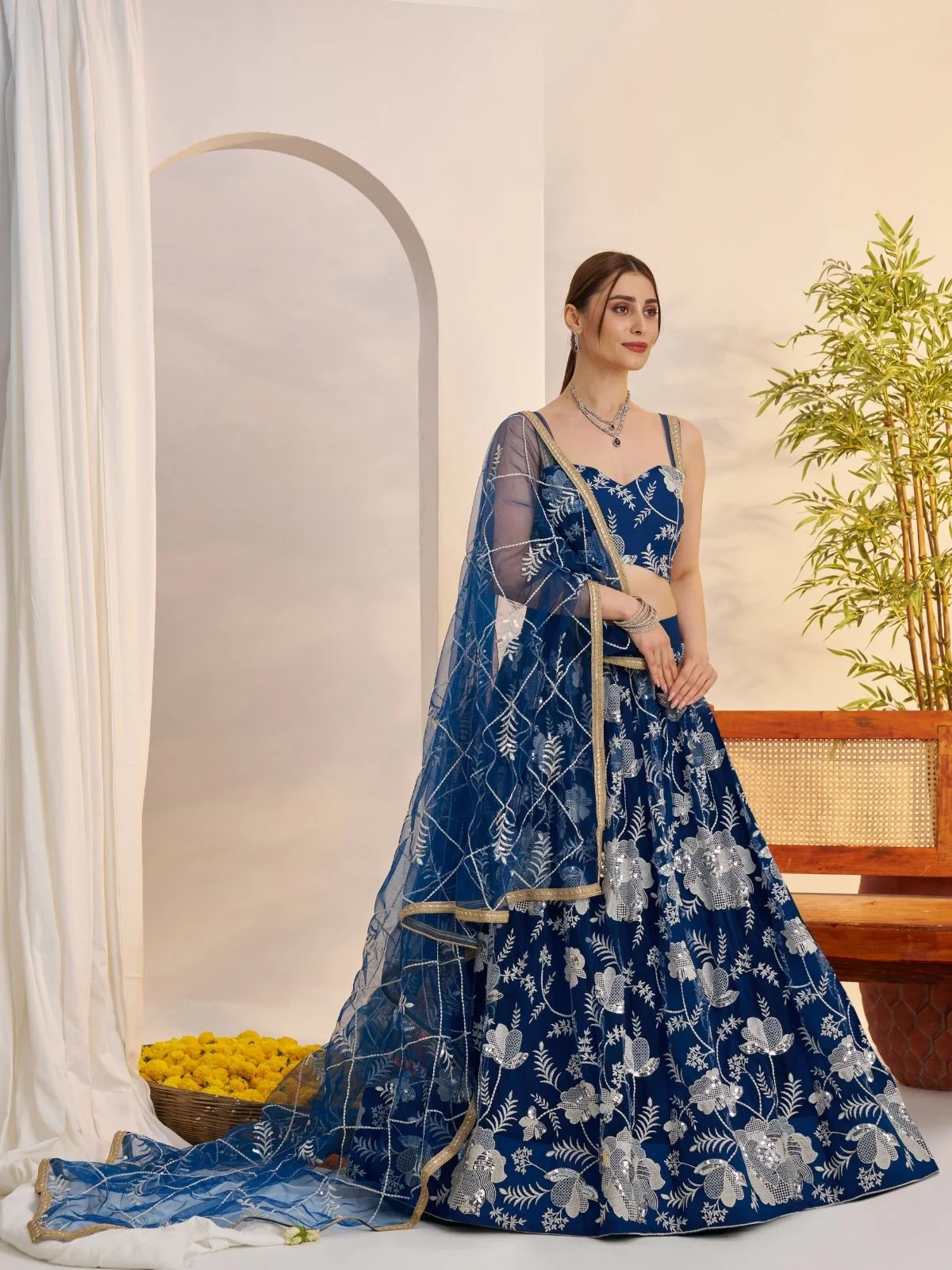 Odette Dark Blue Net Embroidered Semi Stitched Lehenga For Women - Image 2