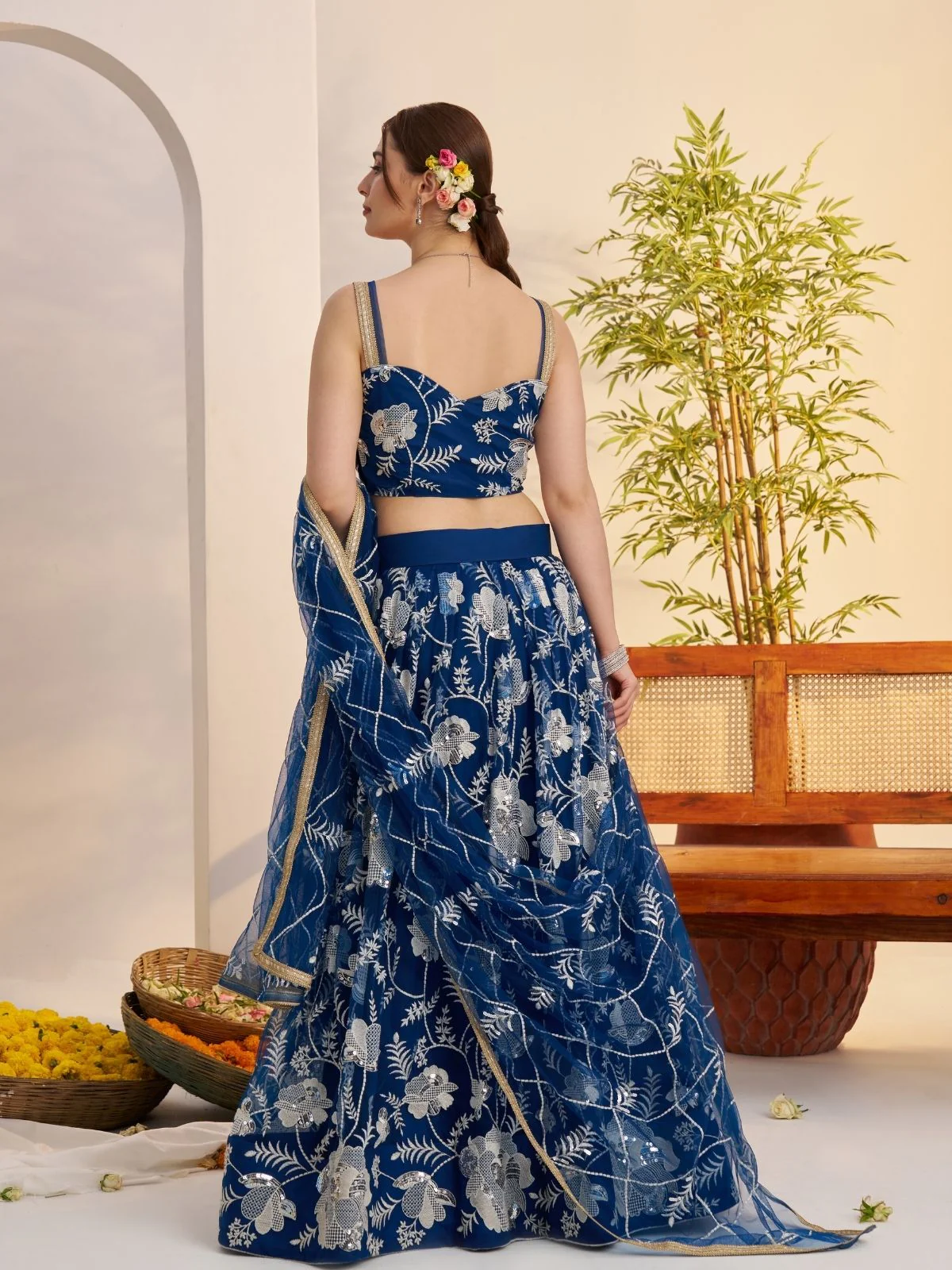 Odette Dark Blue Net Embroidered Semi Stitched Lehenga For Women - Image 3