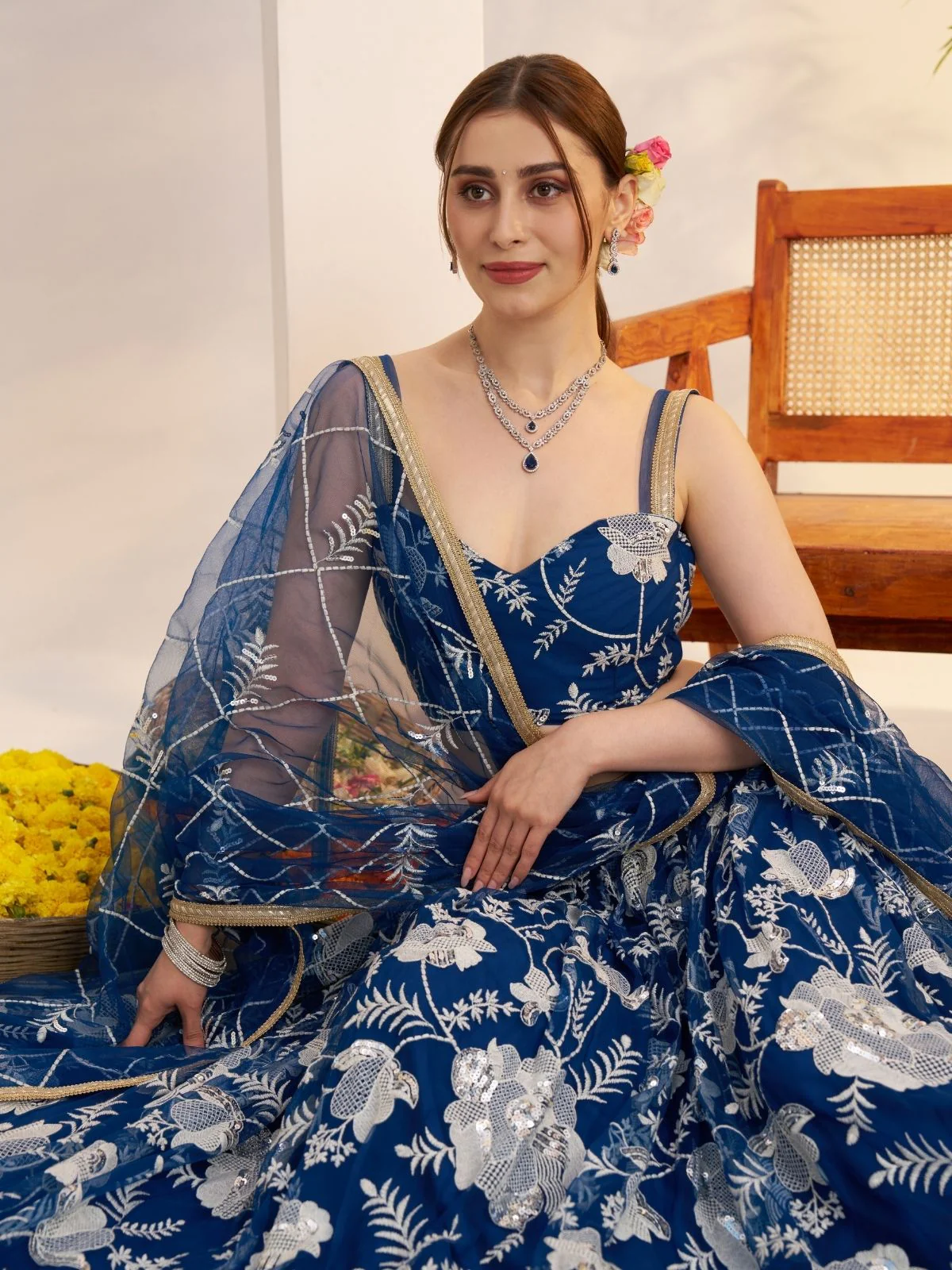 Odette Dark Blue Net Embroidered Semi Stitched Lehenga For Women - Image 4