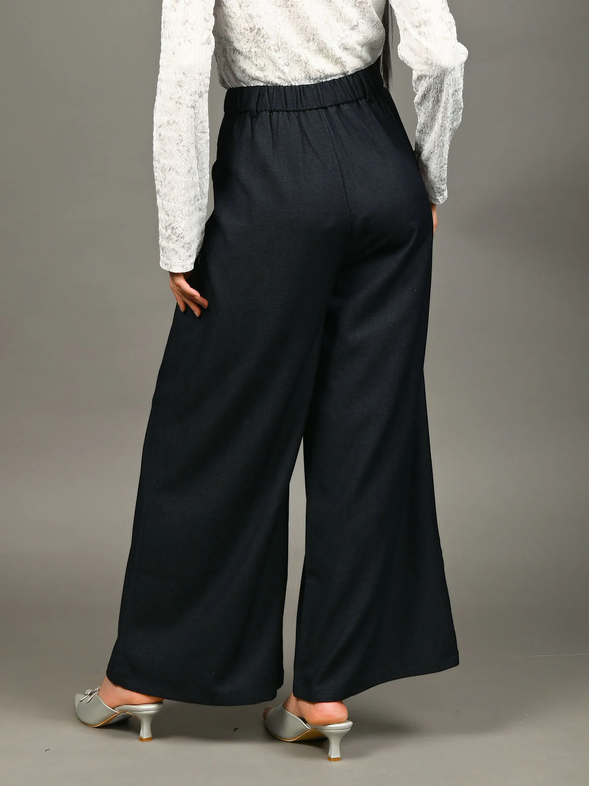 Odette Dark Blue Polyster Blend Solid Trouser For Women - Image 3