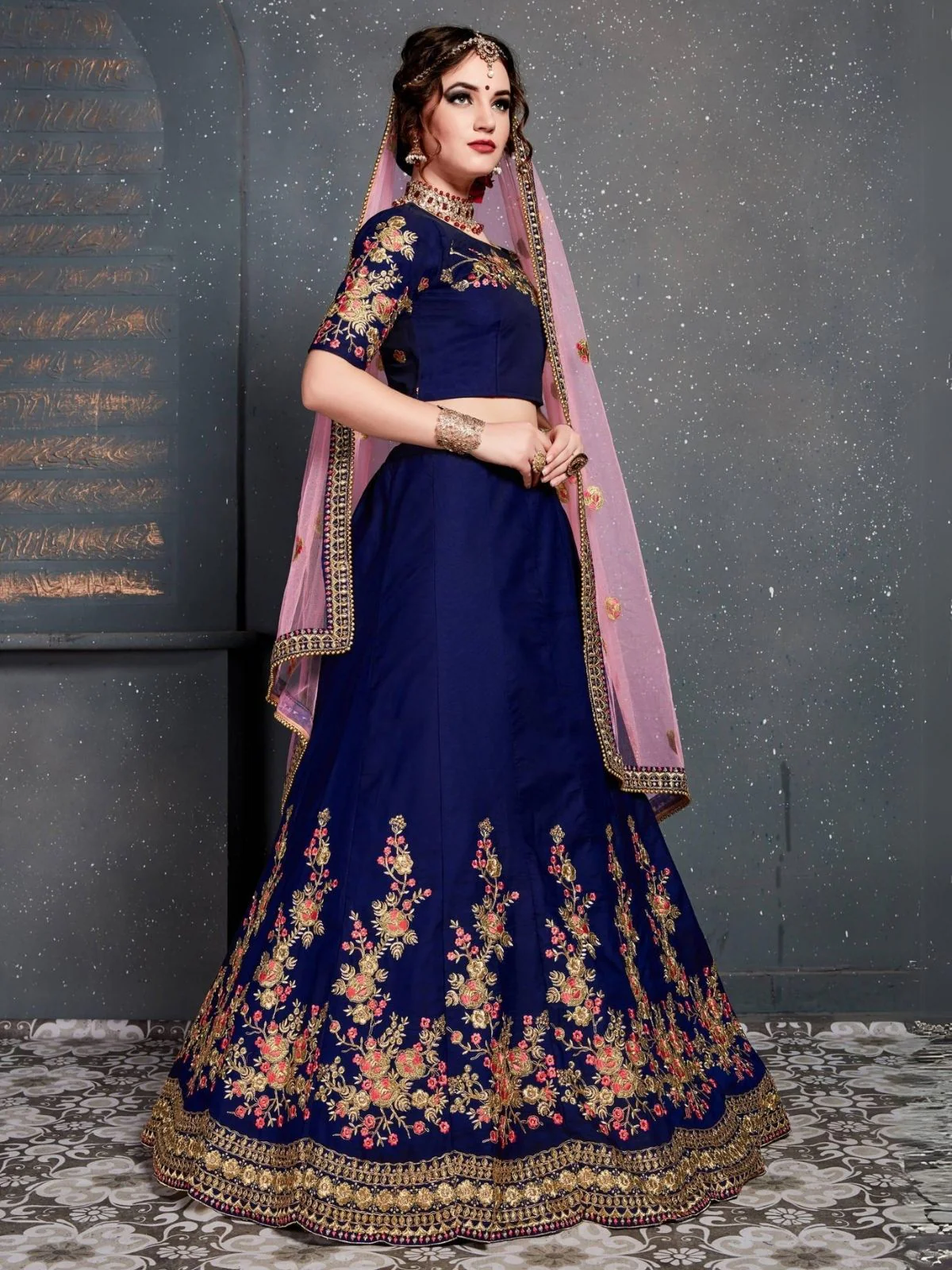 Odette Dark Blue Satin Silk Embroidered Semi Stitched Lehenga With Blouse For Women - Image 2