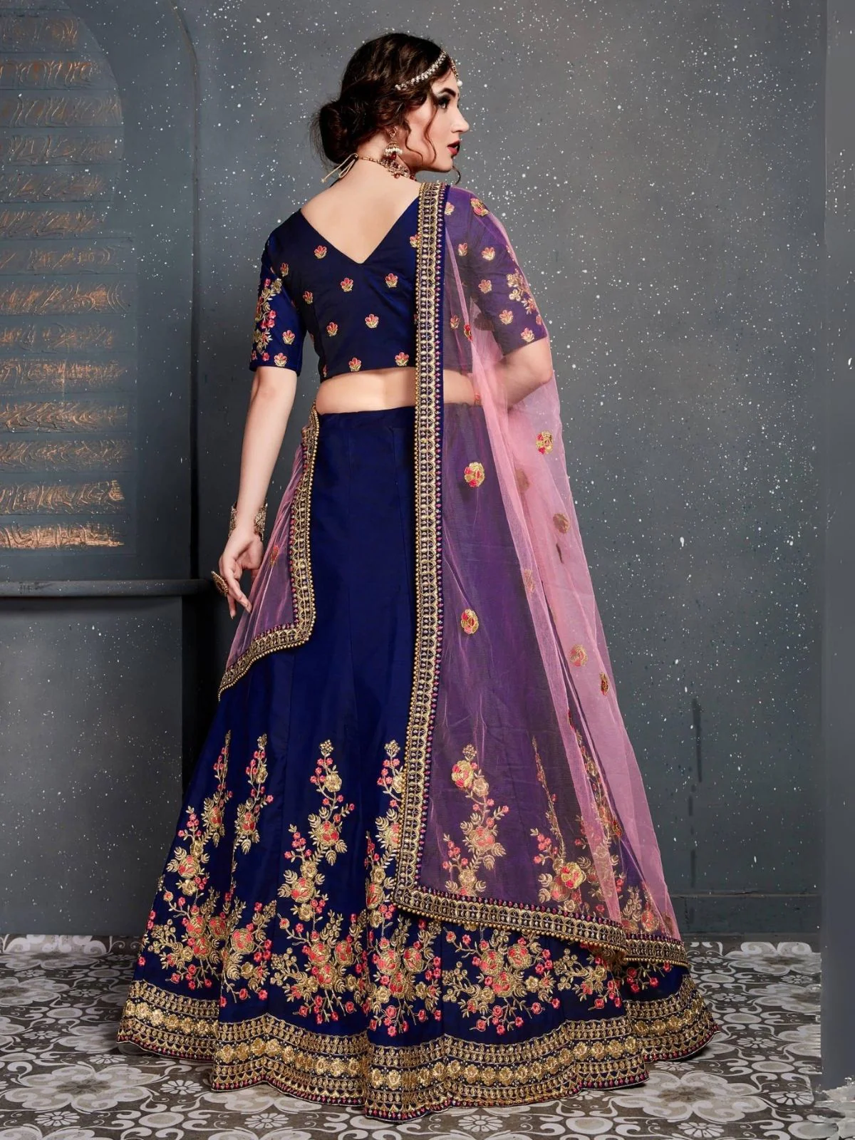 Odette Dark Blue Satin Silk Embroidered Semi Stitched Lehenga With Blouse For Women - Image 3