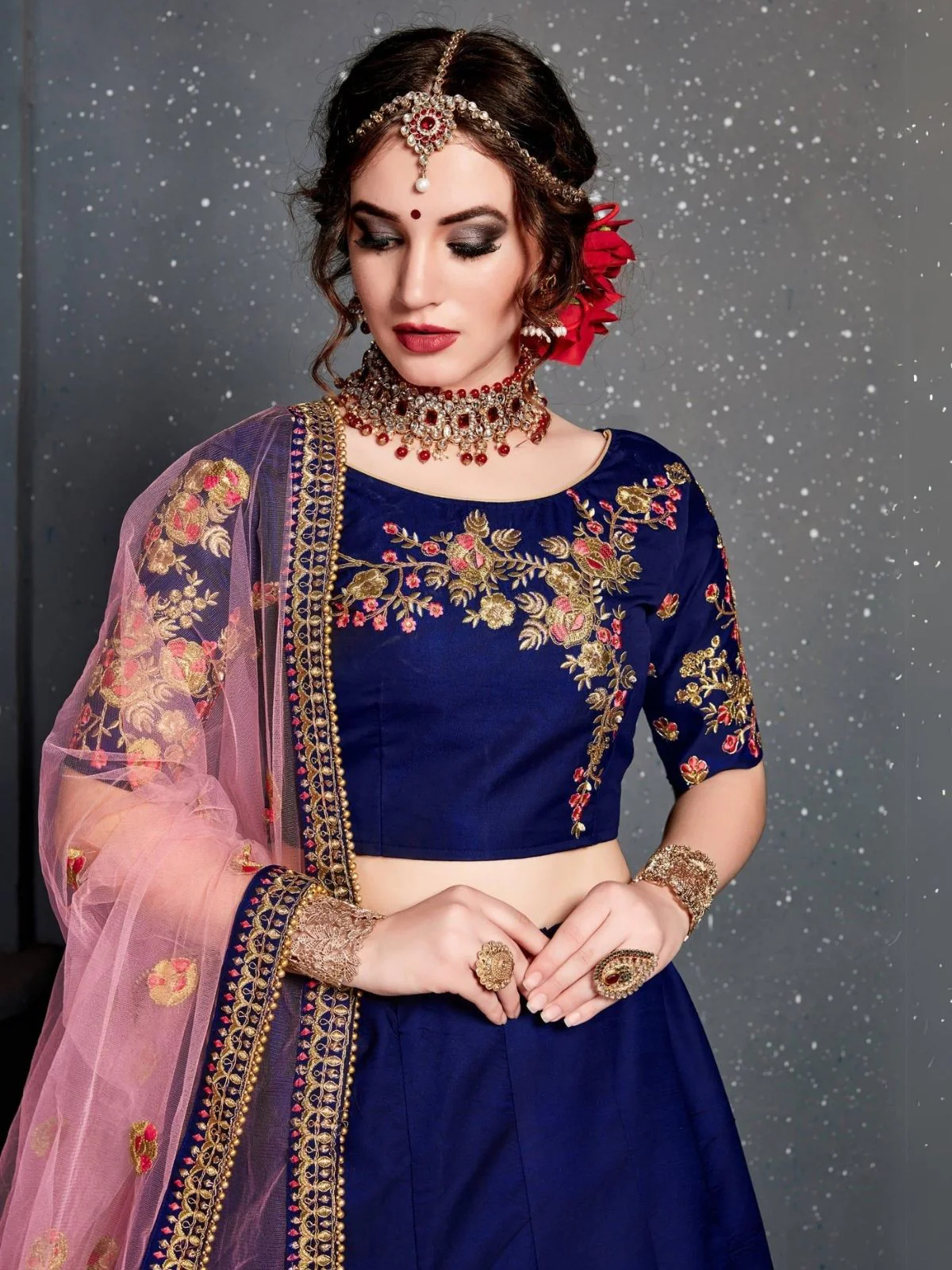 Odette Dark Blue Satin Silk Embroidered Semi Stitched Lehenga With Blouse For Women - Image 5