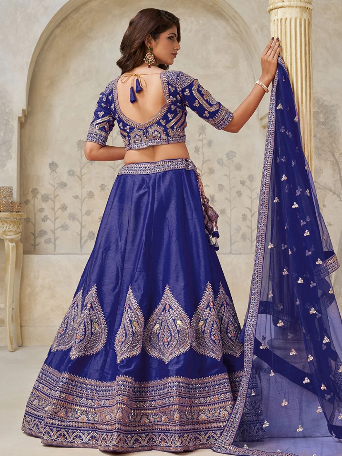 Odette Dark Blue Silk Blend Embroidered Semi-Stitched Lehenga For Women - Image 2