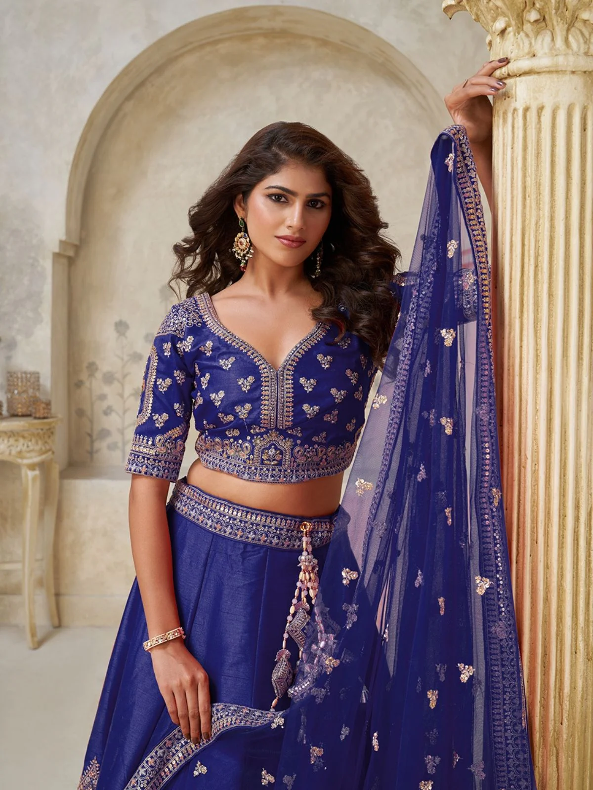 Odette Dark Blue Silk Blend Embroidered Semi-Stitched Lehenga For Women - Image 3