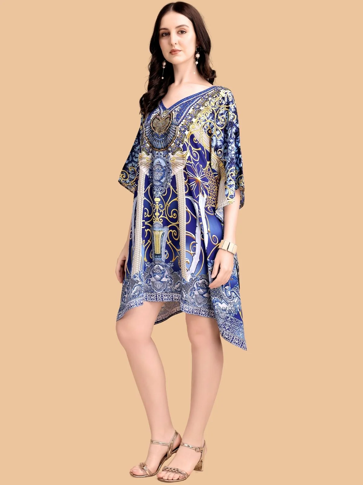 Odette Dark Blue Silk Blend Printed Kaftan For Women - Image 2