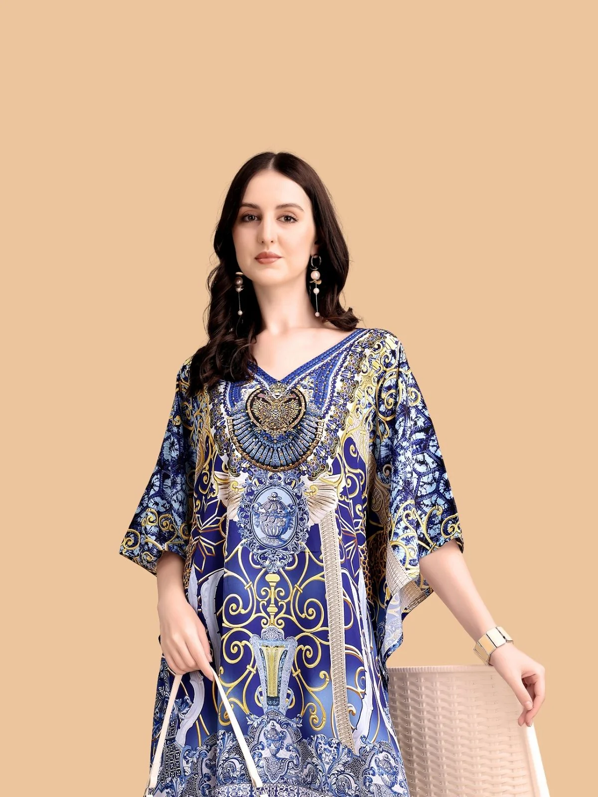 Odette Dark Blue Silk Blend Printed Kaftan For Women - Image 4