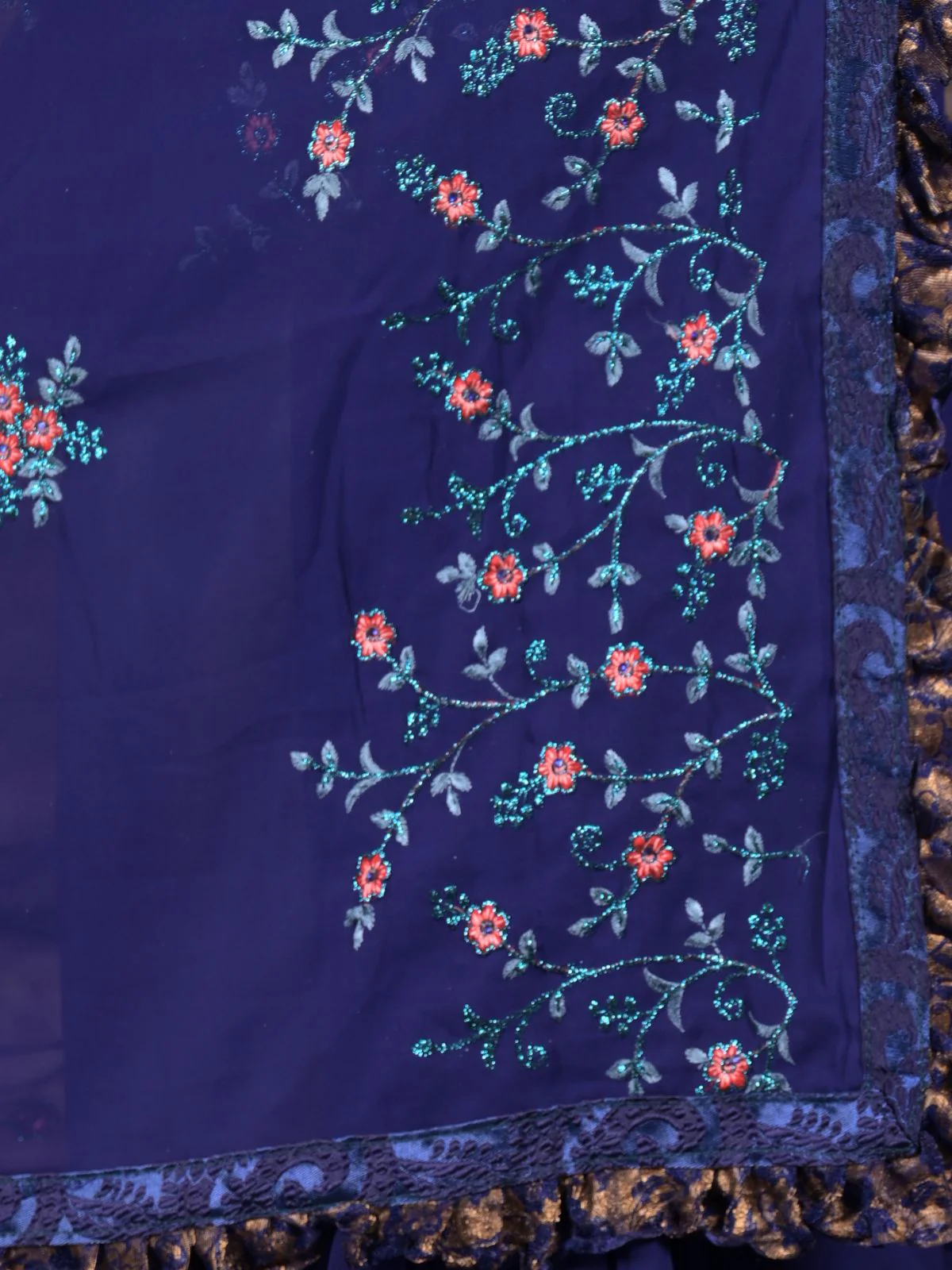 Odette Dark Blue Thread Embroidered Georgette Ruffles Saree With Unstitched Blouse For Women - Image 5