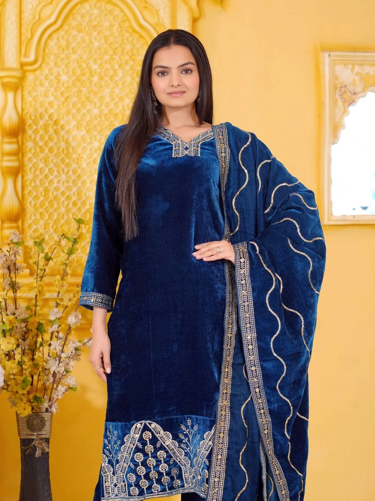 Odette Dark Blue Velvet Embroidered Stitched Kurta Set For Women - Image 3