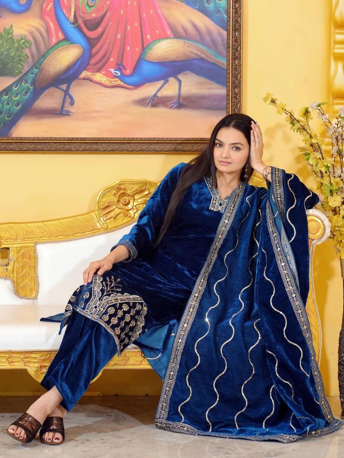 Odette Dark Blue Velvet Embroidered Stitched Kurta Set For Women - Image 5