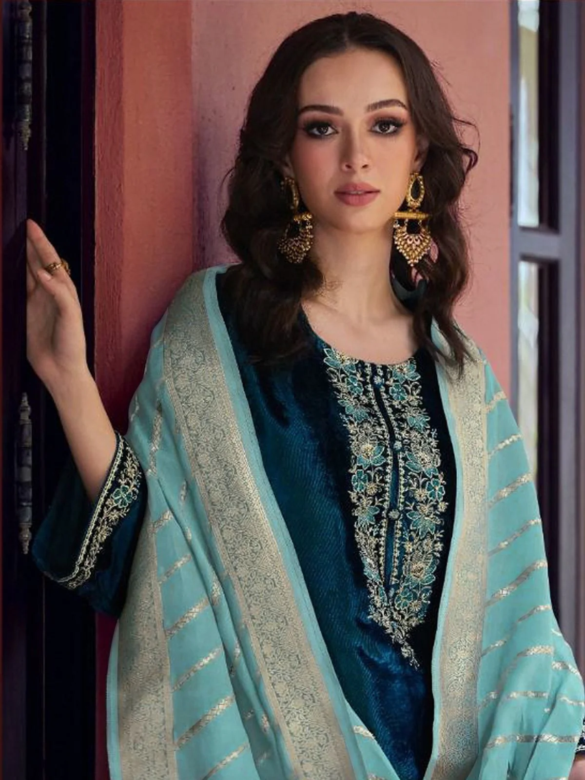 Odette Dark Blue Velvet Embroidery Semi-Stitched Kurta Set For Women - Image 2