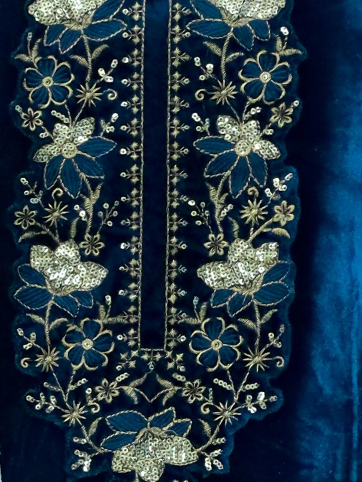 Odette Dark Blue Velvet Embroidery Semi-Stitched Kurta Set For Women - Image 3