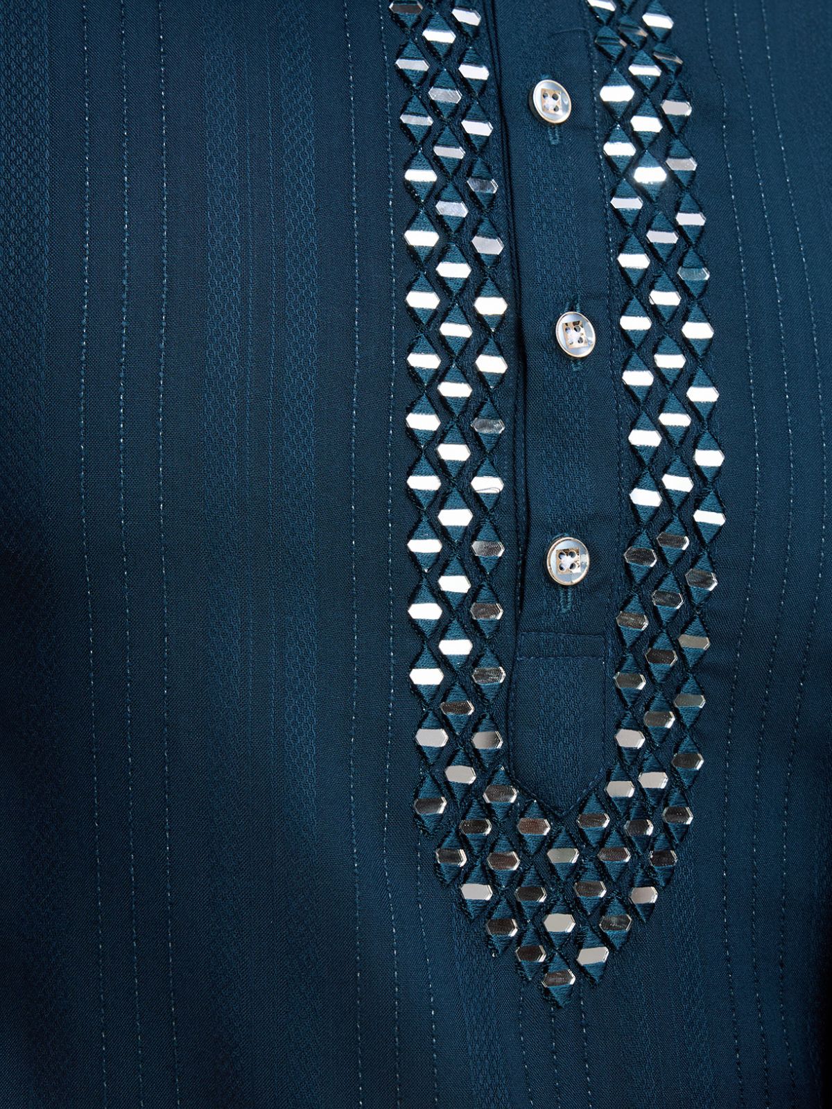 Odette Dark Blue Viscose Rayon Mirror Work Stitched Kurta Set For Men - Image 7