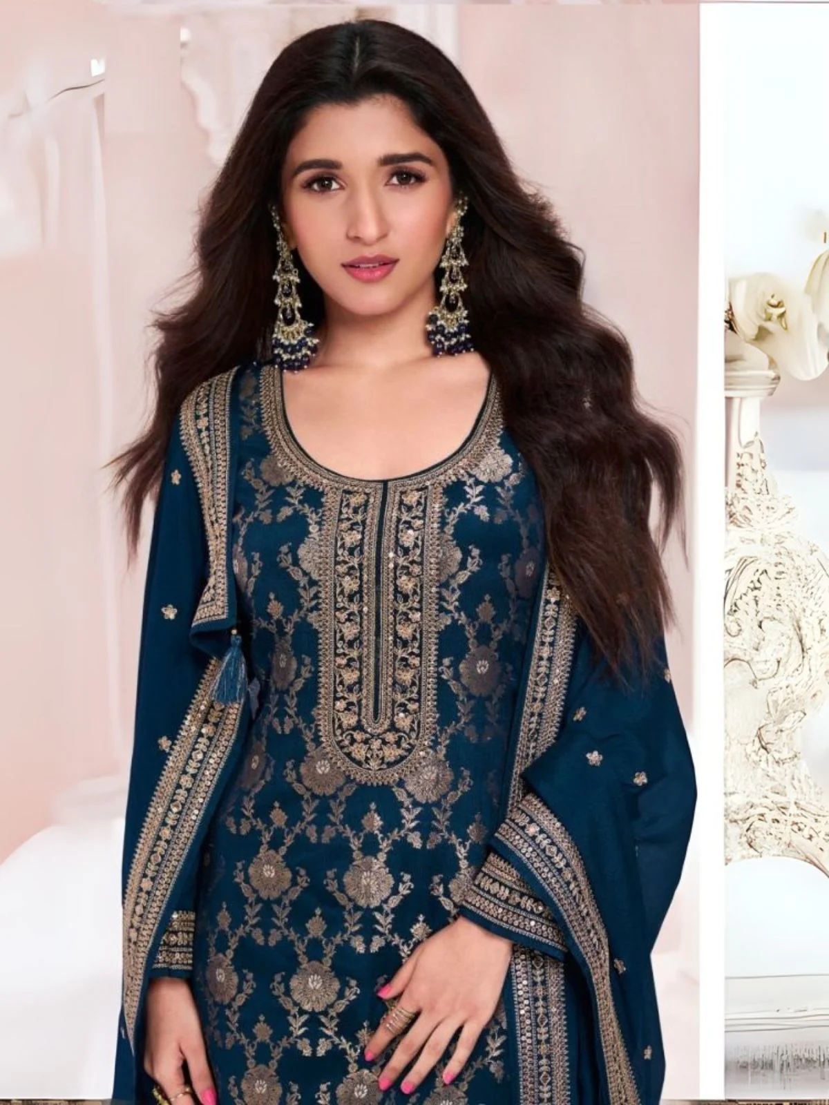 Odette Dark Blue Viscose Rayon Embroidered Semi-Stitched Kurta Set For Women - Image 2