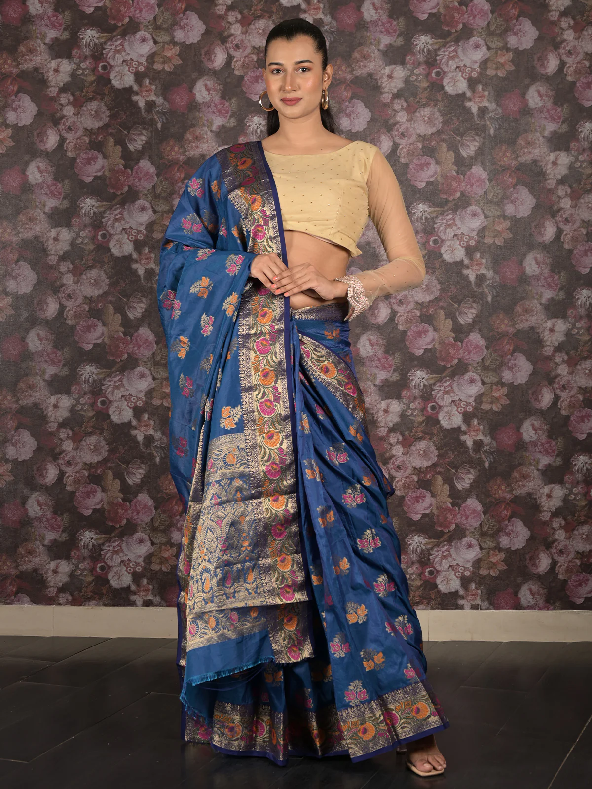 Odette Dark Blue Woven Silk Blend Saree With Unstitched Blouse For Women - Image 2