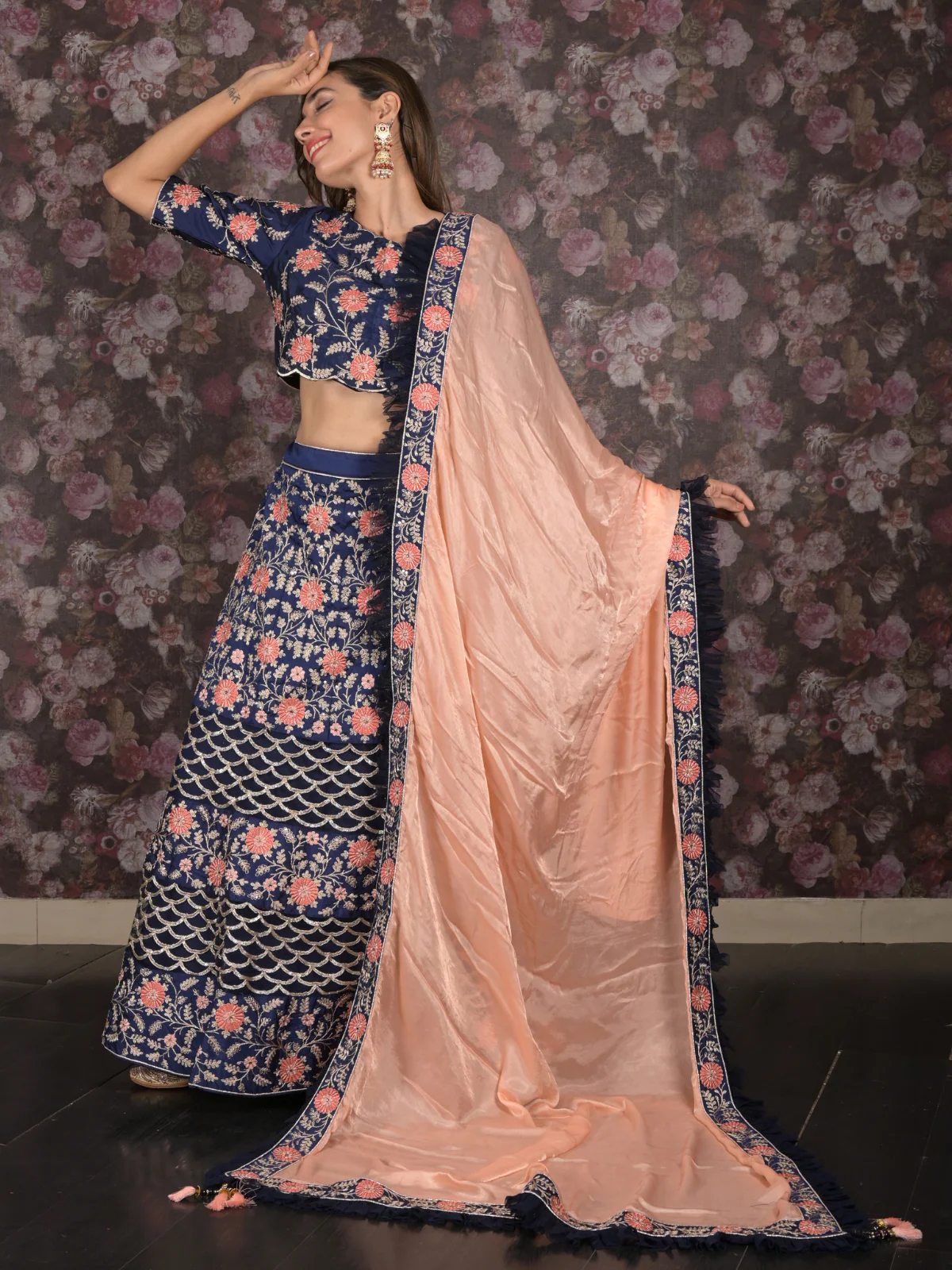 Odette Dark Blue Zari Embroidered Silk Blend Semi-Stitched Lehenga with Stitched Blouse for Women - Image 2