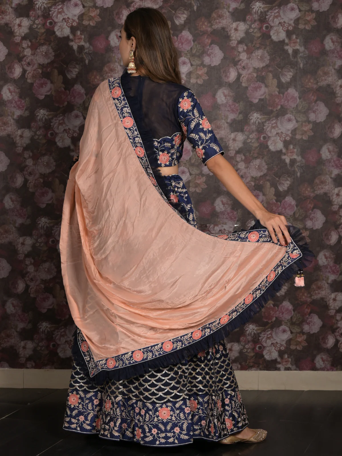 Odette Dark Blue Zari Embroidered Silk Blend Semi-Stitched Lehenga with Stitched Blouse for Women - Image 4