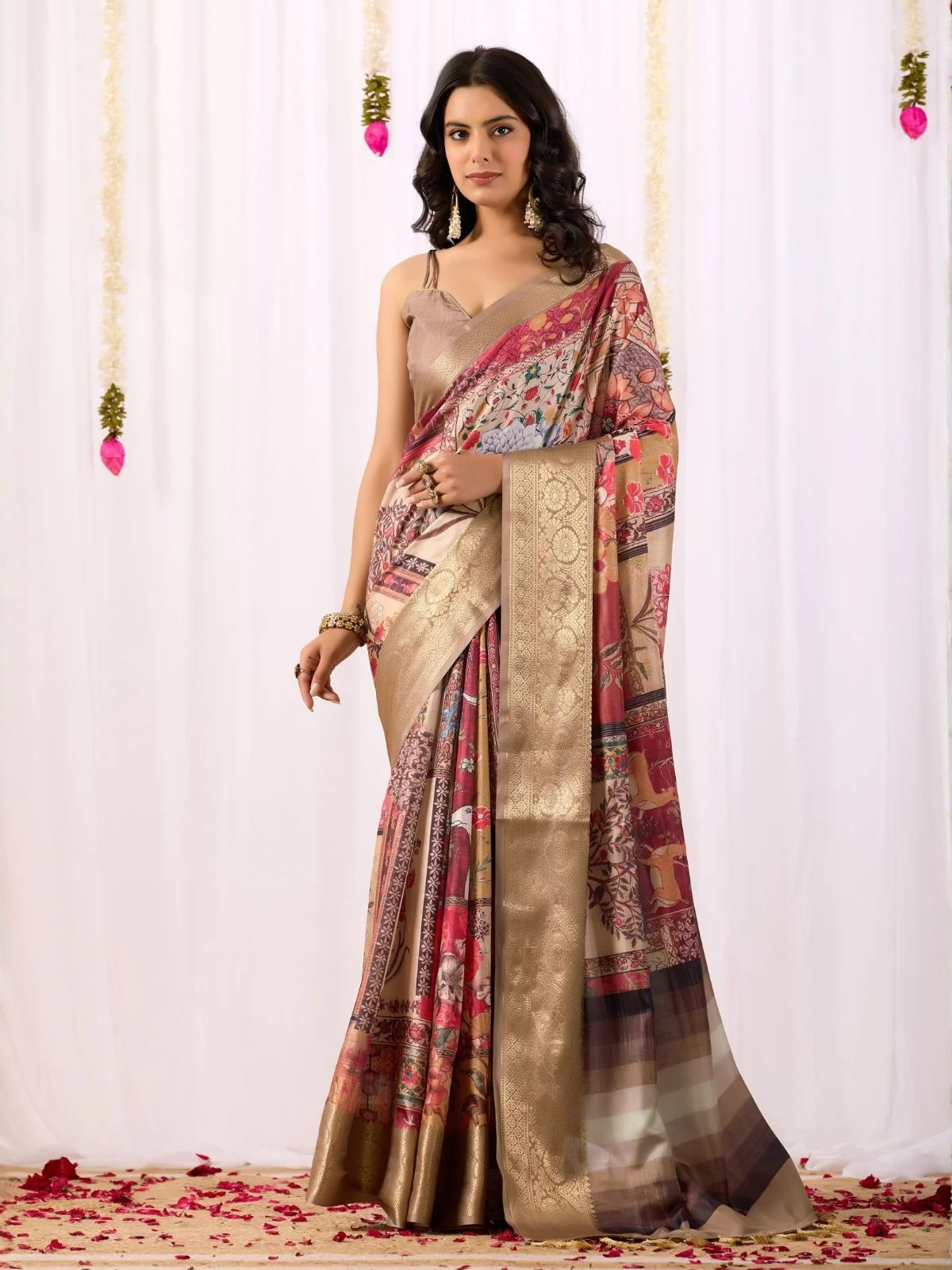 Odette Dark Cream Silk Blend Printed Saree For Women - Image 2