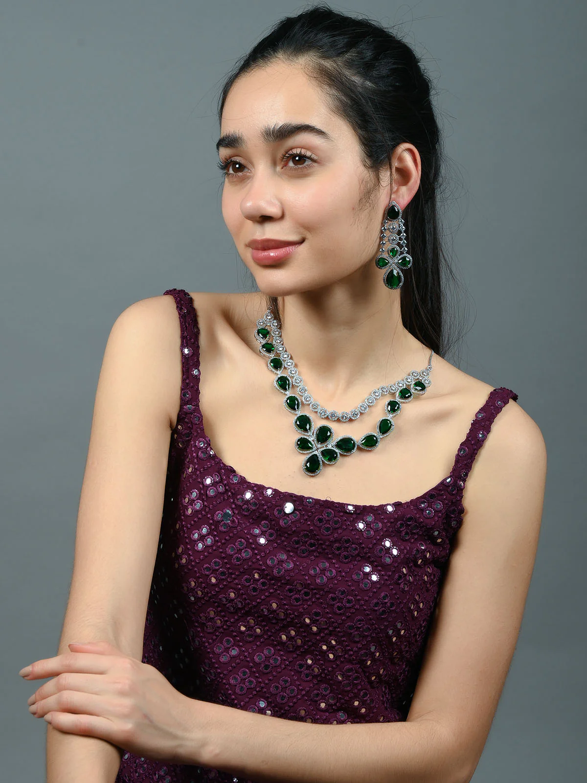 Odette Dark Green Alloy Embellished Jewellery Set For Women - Image 2