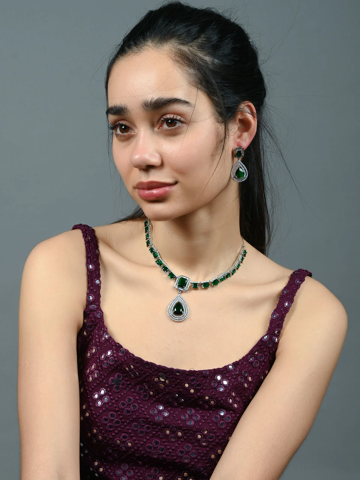 Odette Dark Green Alloy Embellished Jewellery Set For Women - Image 2