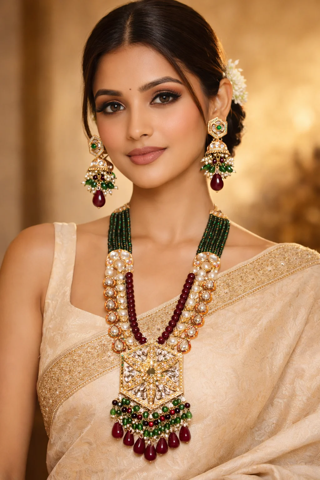Odette Dark Green And Maroon Pearl And Stone Jewellery Set For Women