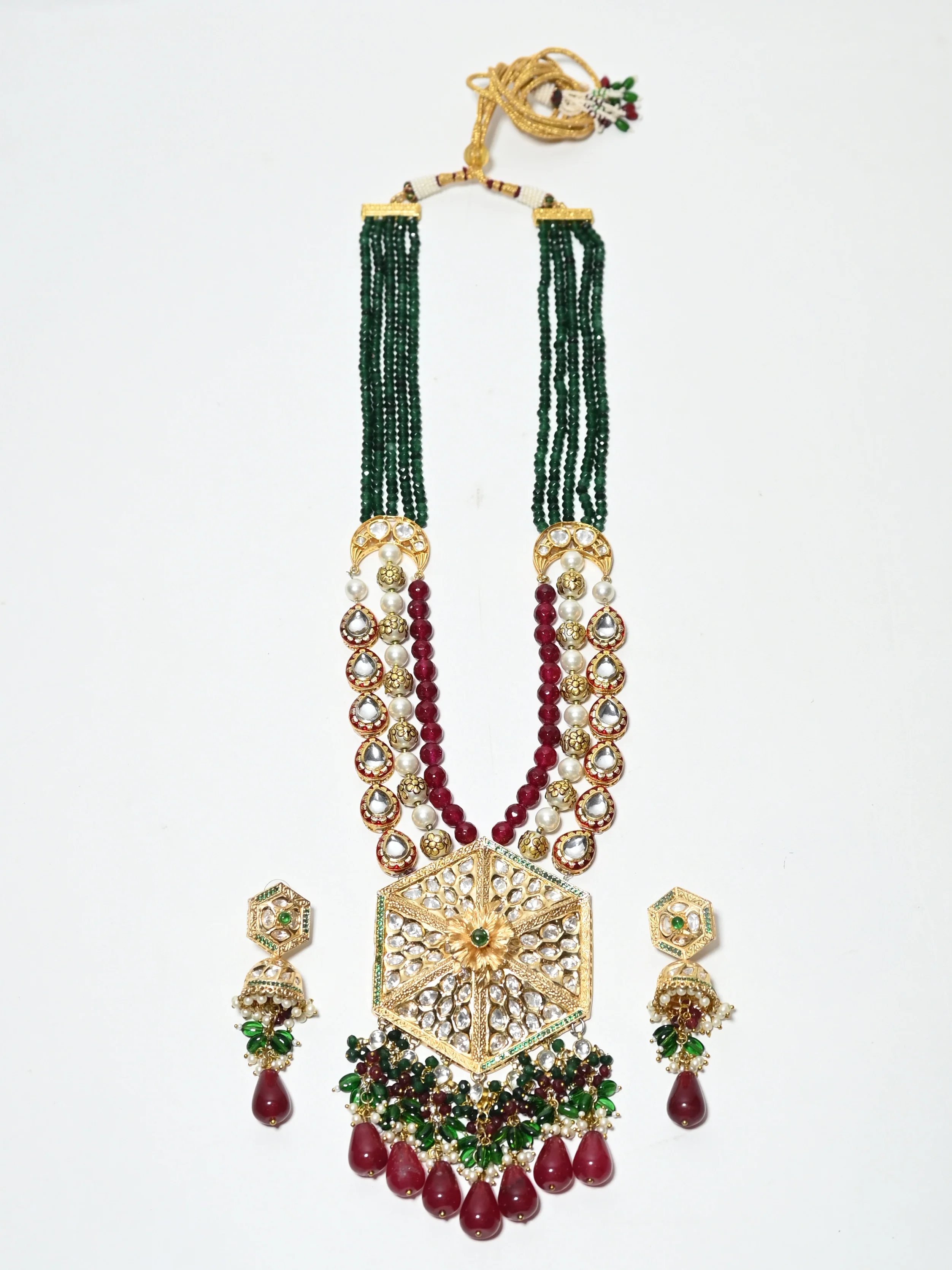 Odette Dark Green And Maroon Pearl And Stone Jewellery Set For Women - Image 3
