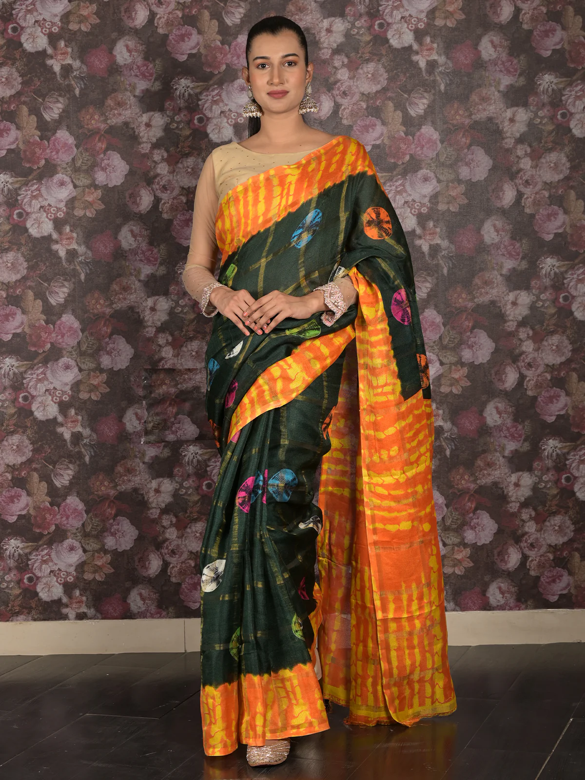 Odette Dark Green And Orange Woven Kota Cotton Saree With Unstitched Blouse For Women - Image 4