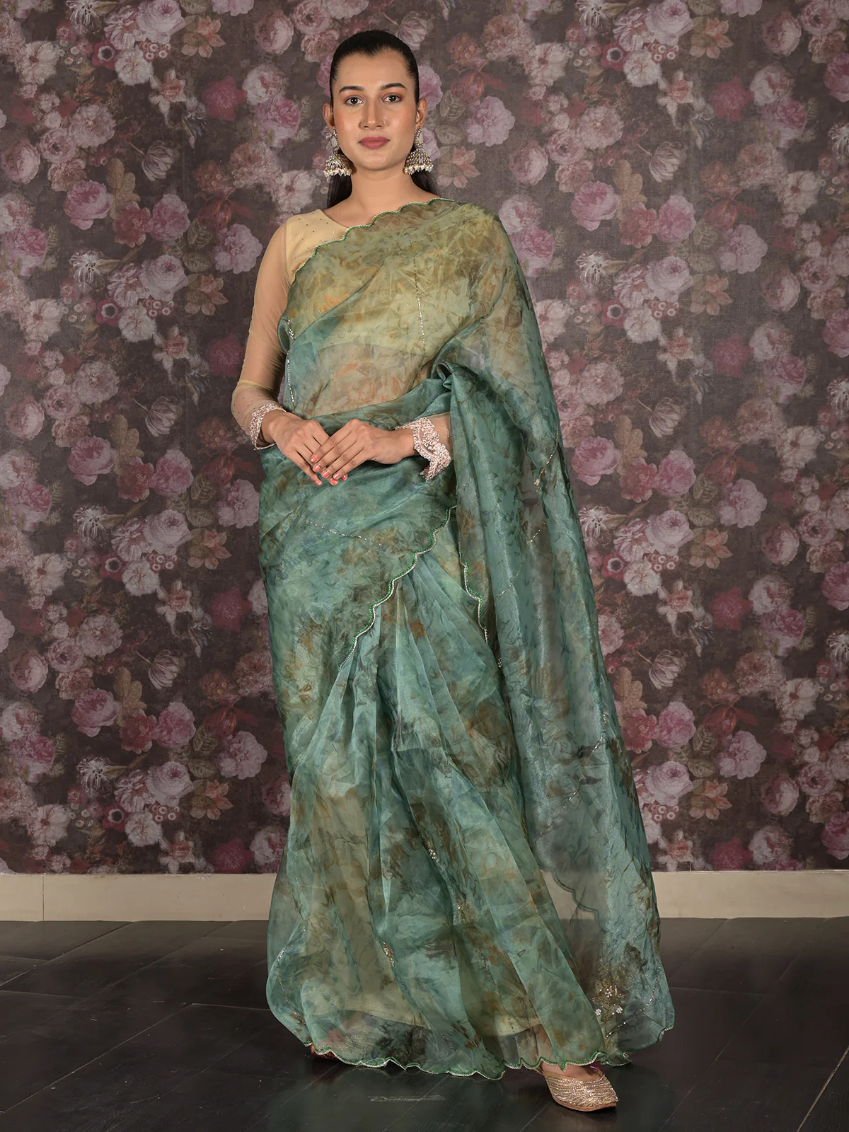 Odette Dark Green Beads Embroidered Organza Saree Without Blouse For Women