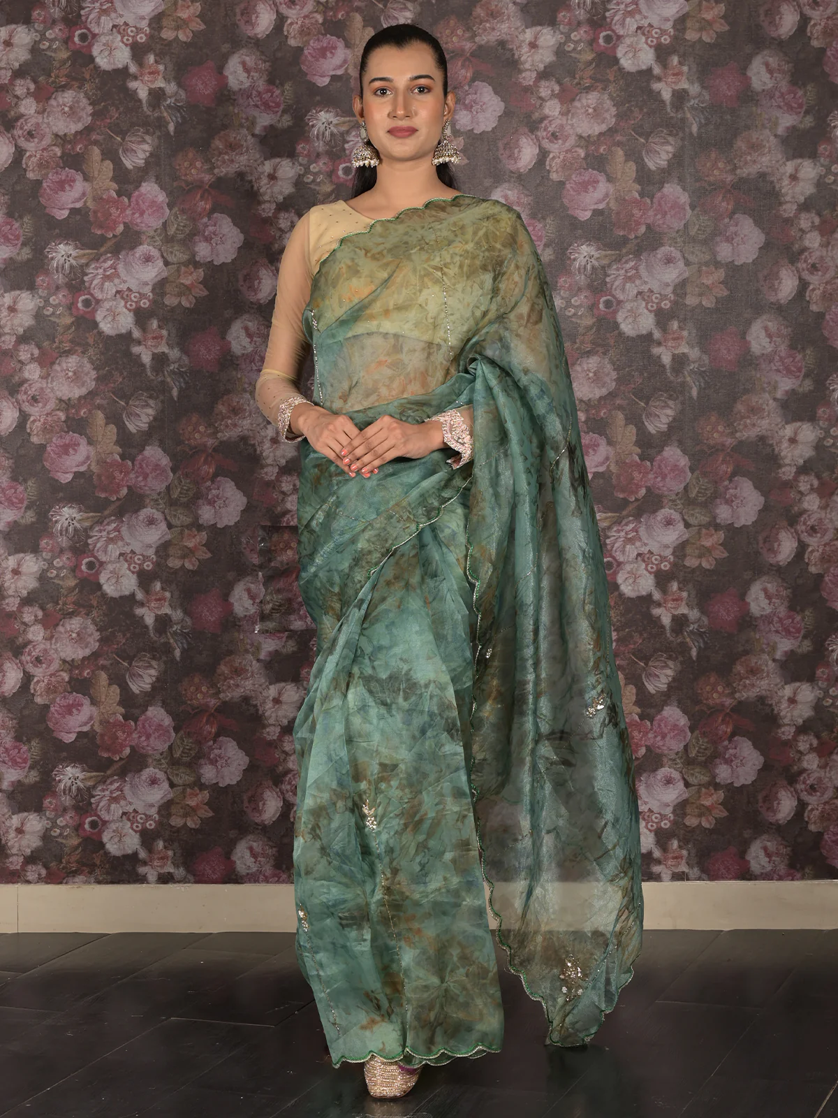 Odette Dark Green Beads Embroidered Organza Saree Without Blouse For Women - Image 2