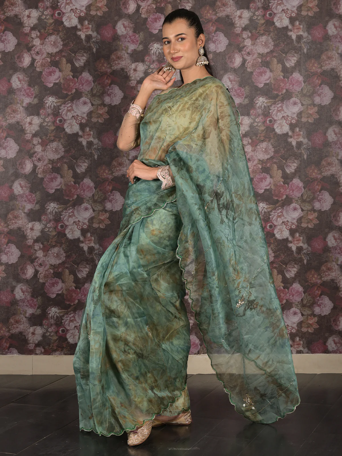 Odette Dark Green Beads Embroidered Organza Saree Without Blouse For Women - Image 3