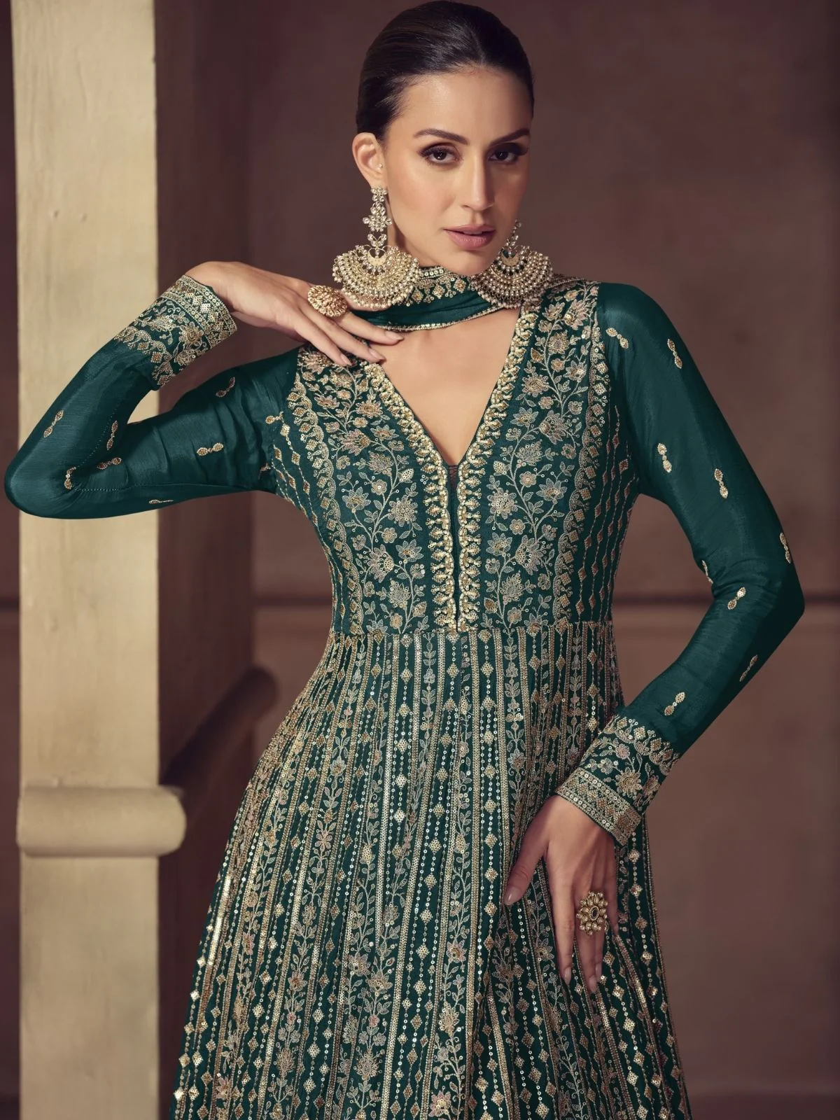 Odette Dark Green Chinon Embellished Semi Stitched Kurta Set For Women - Image 2